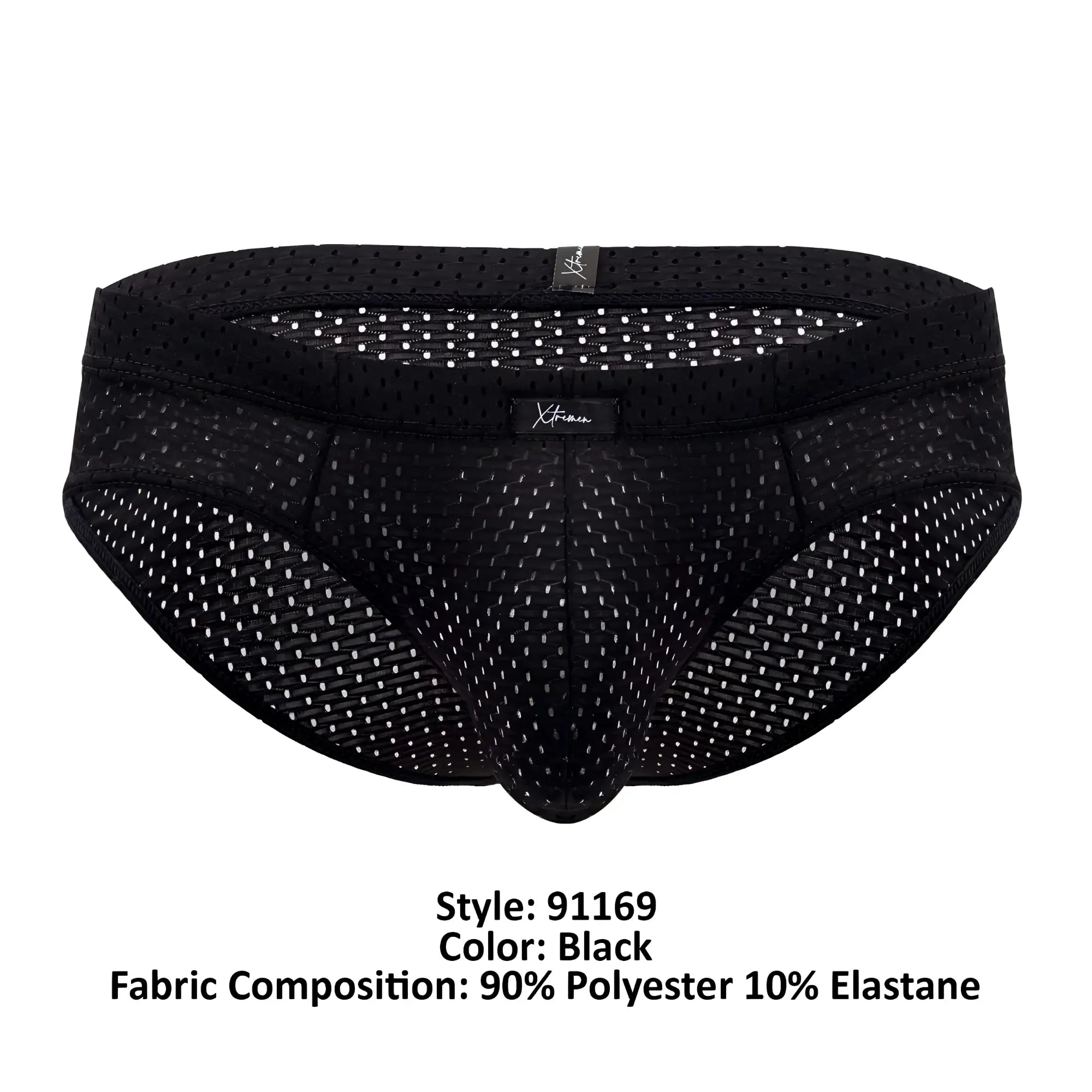 Xtremen 91169 mesh briefs in black with subtle white dot pattern and branded tags made of breathable mesh material