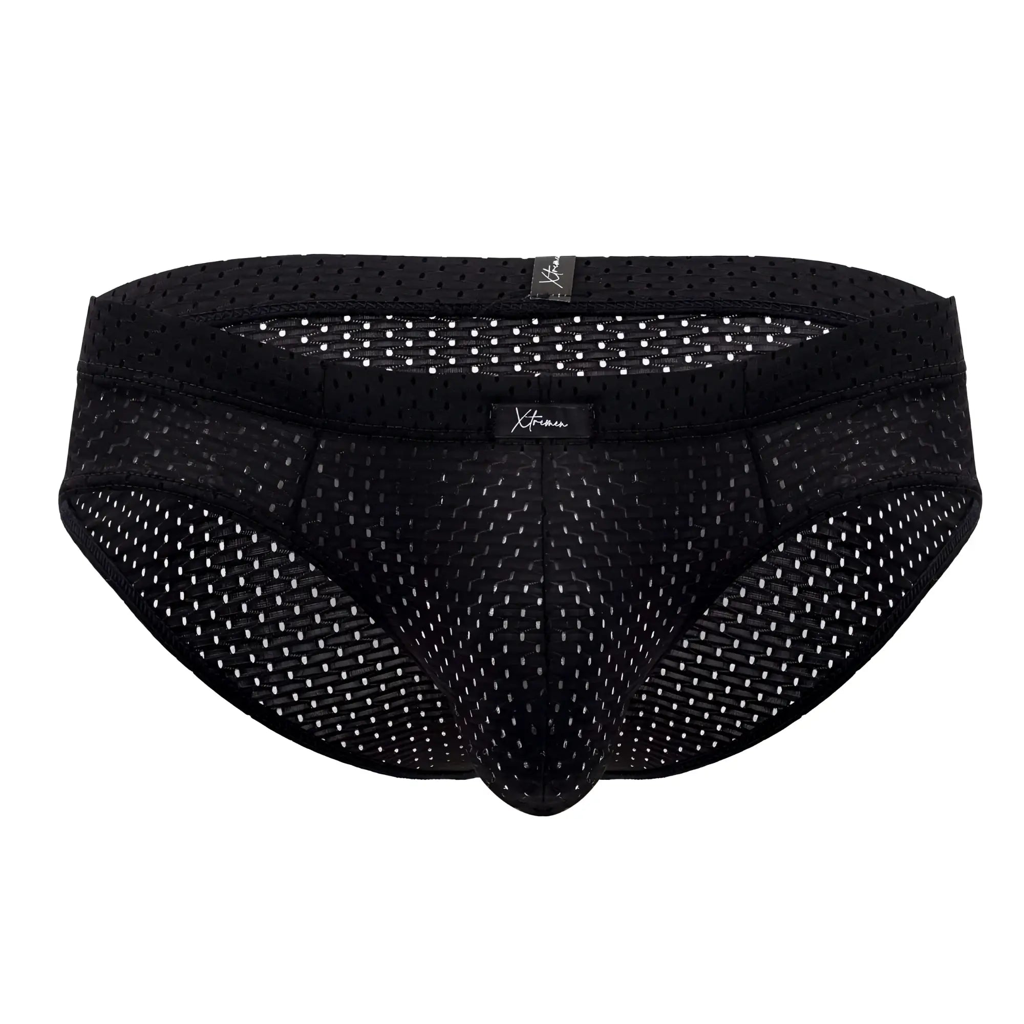 Black xtremen 91169 mesh briefs with subtle white dot pattern and reinforced elastic waistband