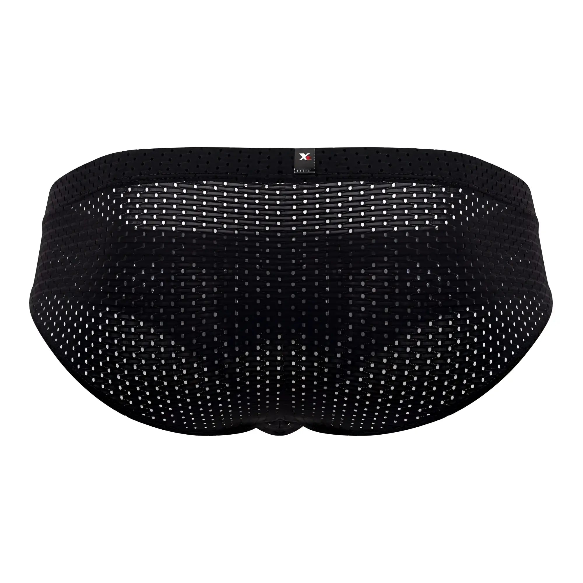 Xtremen 91169 mesh briefs in black feature a subtle white dot pattern and an elastic waistband with a brand tag