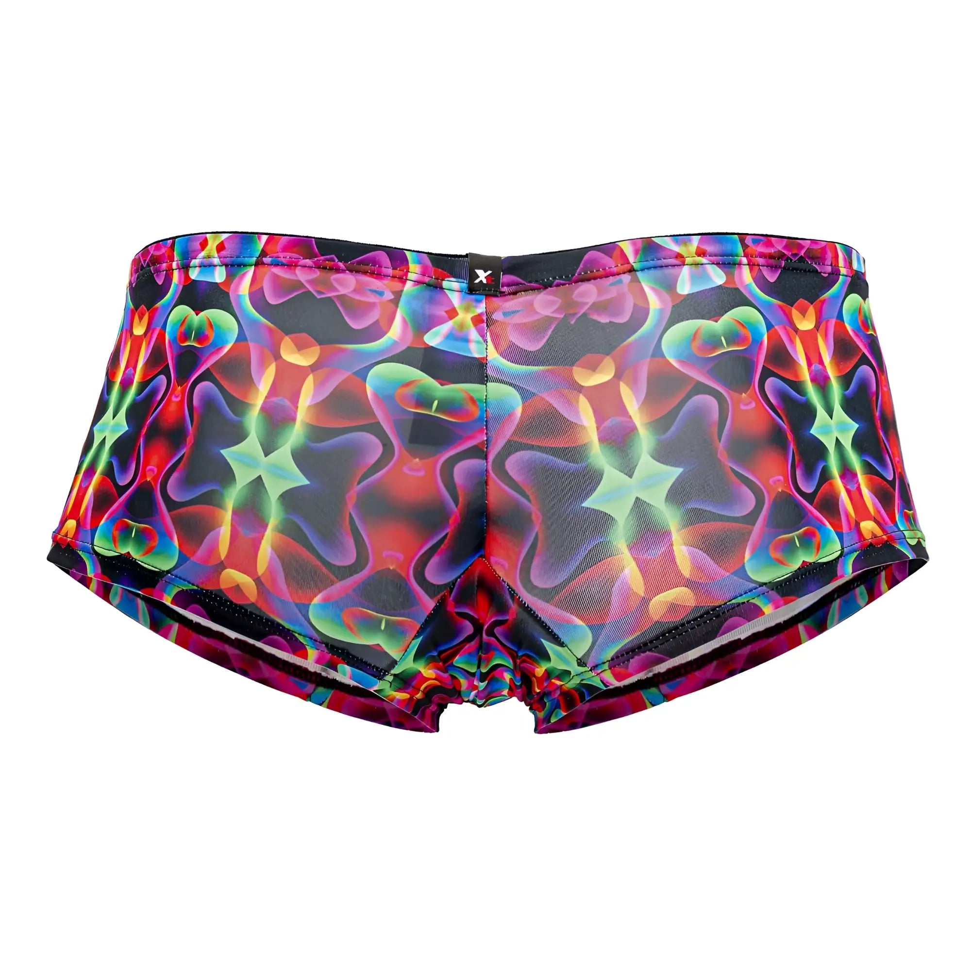 Xtremen 91170 printed trunks vibrant iridescent neon pattern on black mesh swim trunks color bows design