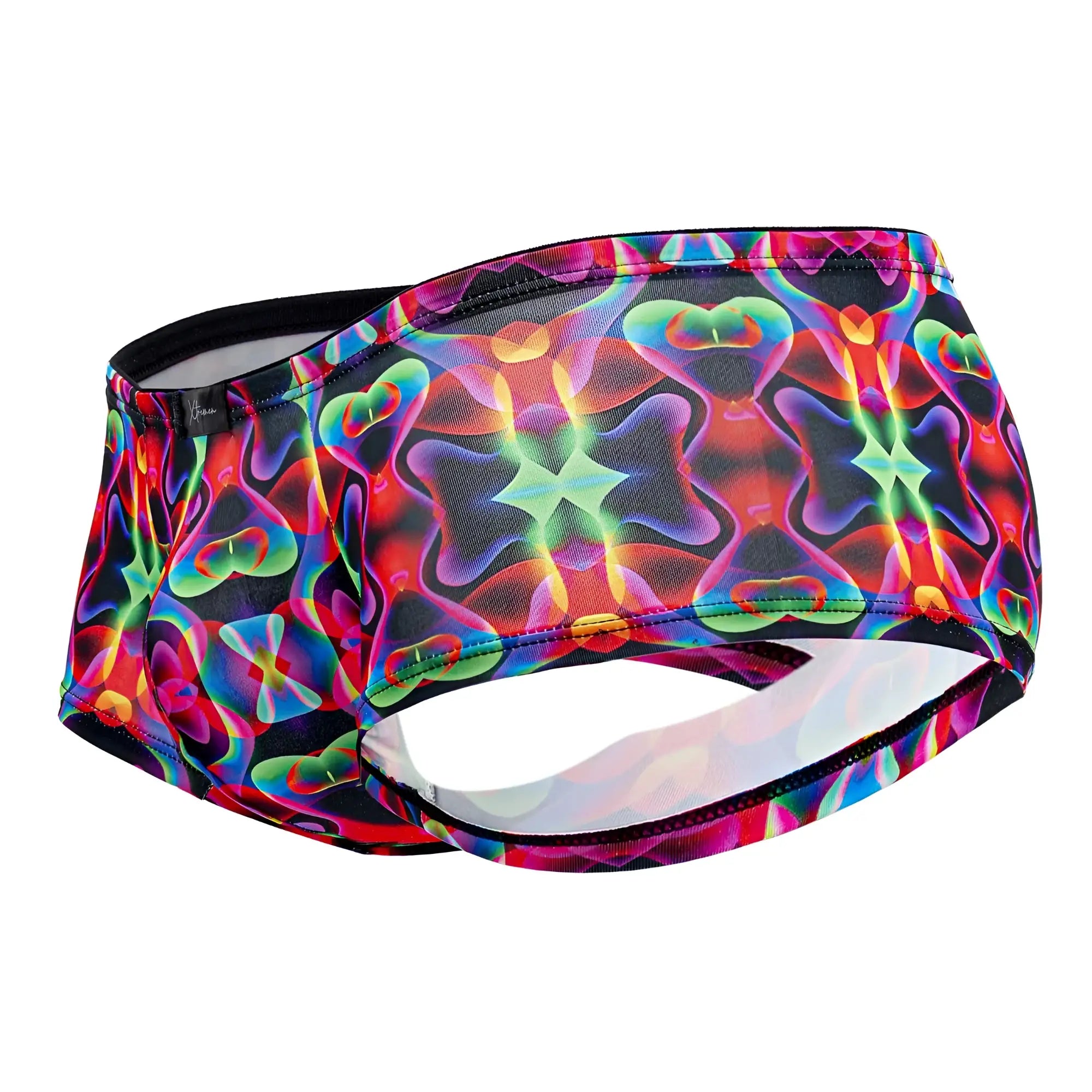 Xtremen 91170 printed trunks with vibrant psychedelic neon rainbow swirls on a black base for swimwear use
