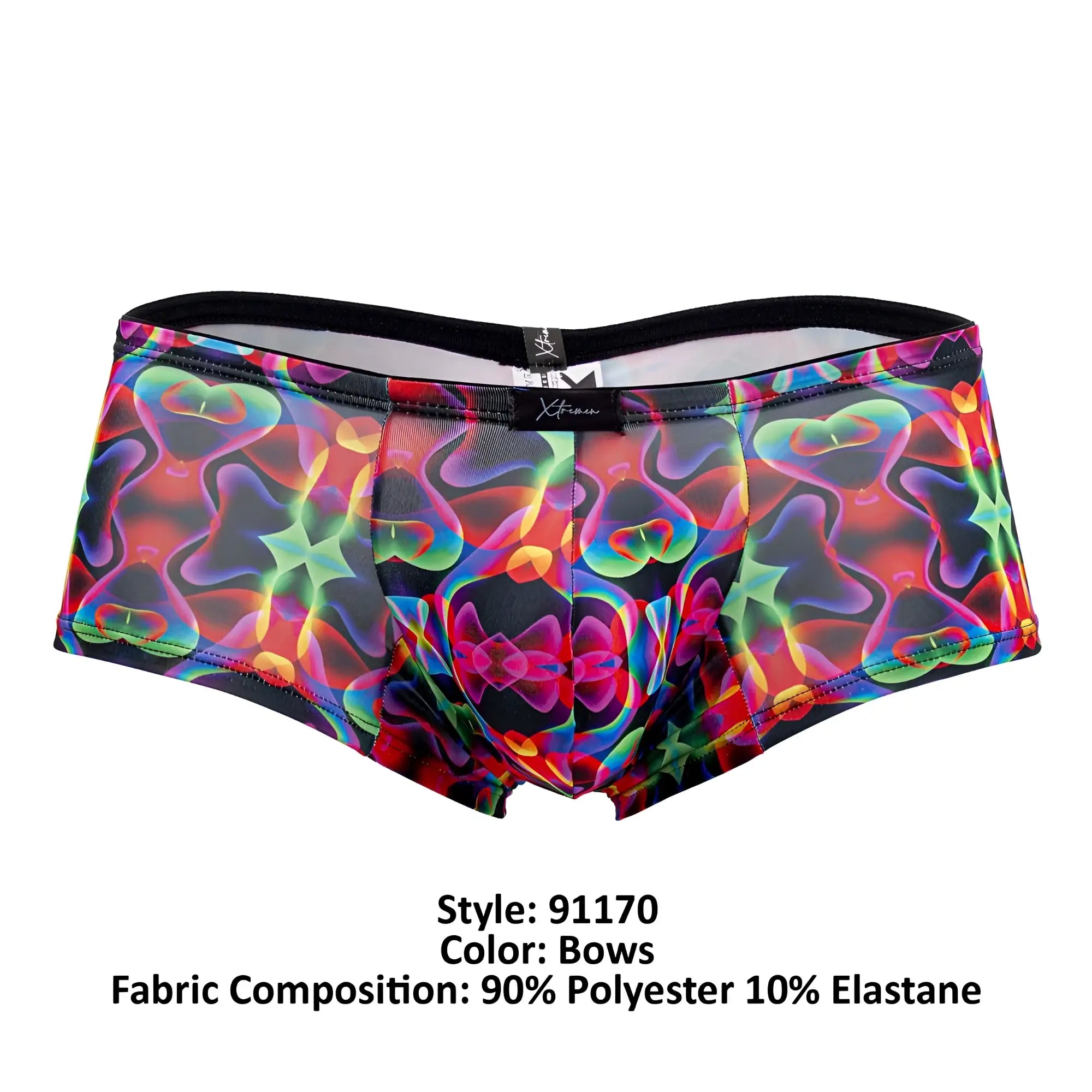 Xtremen 91170 printed trunks vibrant rainbow psychedelic bow pattern briefs on black mesh base