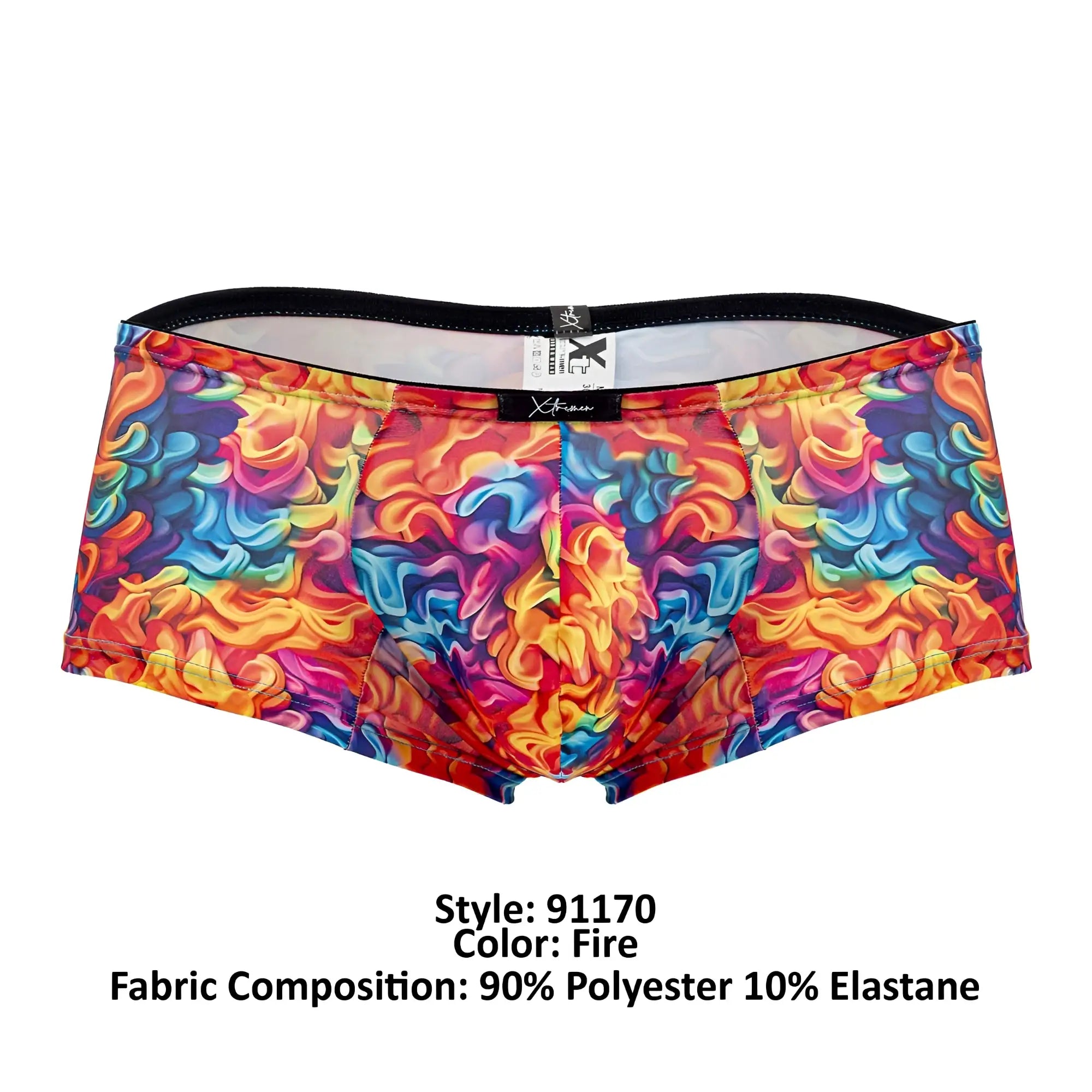 Vibrant multicolored flame patterned xtremen 91170 printed trunks with black waistband in 90 polyester 10 elastane blend