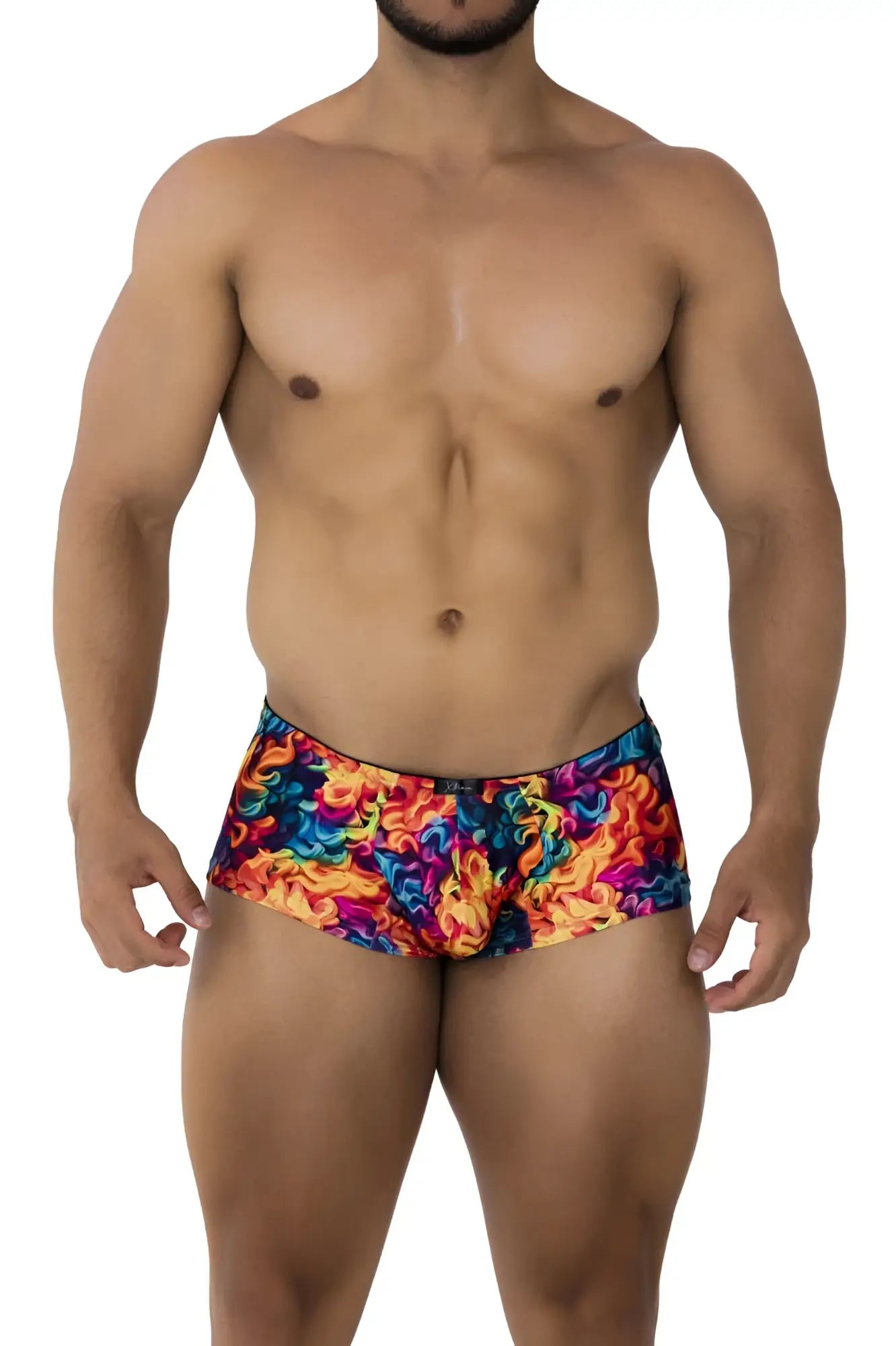 Xtremen 91170 printed trunks in vibrant rainbow colors with swirling flame pattern for swimwear use