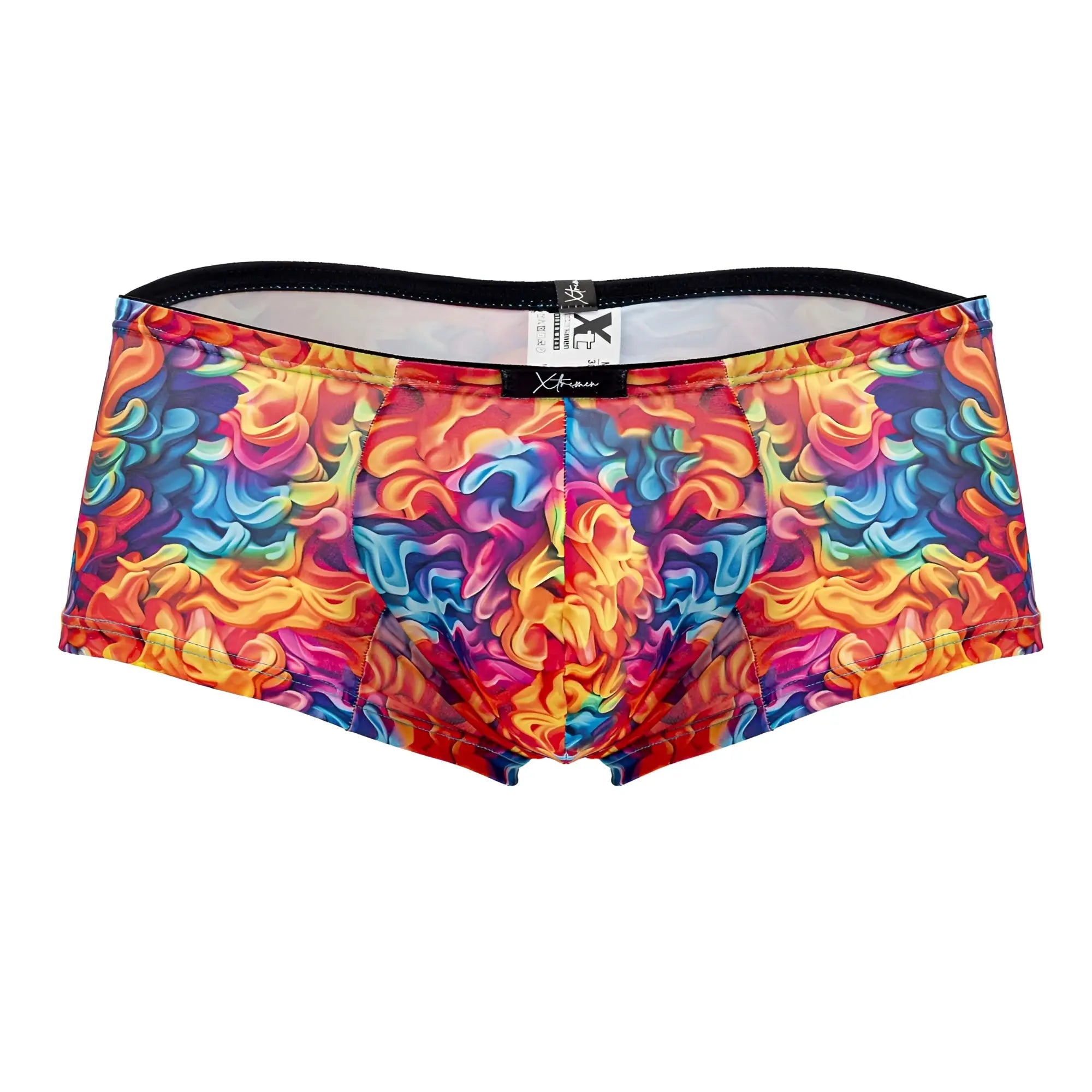 Xtremen 91170 printed trunks vibrant rainbow swirl pattern men’s briefs with black elastic waistband and x-frame label