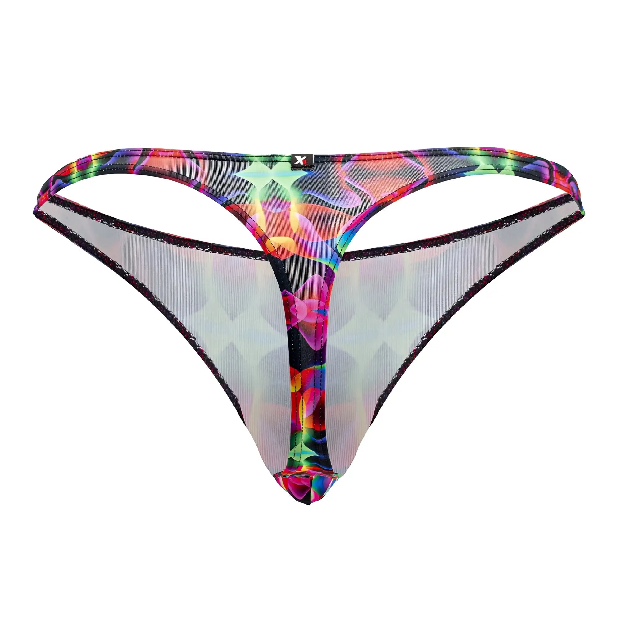 Xtremen 91171 printed thong with vibrant holographic rainbow mesh and black trim front side