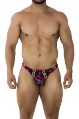 Xtremen 91171 printed thongs color bows neon swim trunks with bold geometric pattern and glowing star swirl motifs