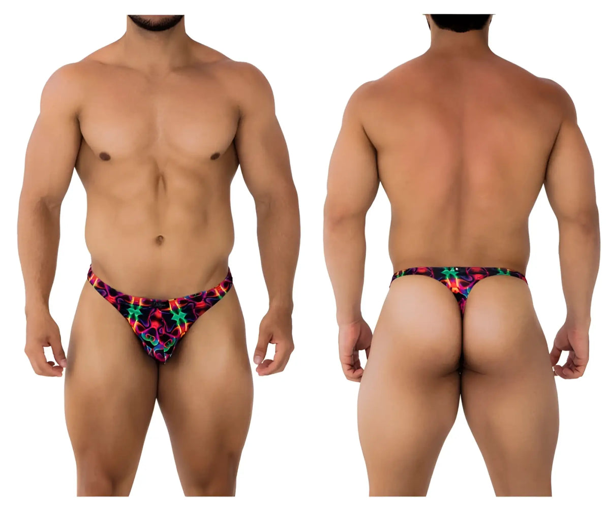 Xtremen 91171 printed thongs color bows vibrant neon-patterned men’s briefs with bold red green blue and purple geometric design