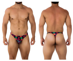 Xtremen 91171 printed thongs color bows vibrant neon-patterned men’s briefs with bold red green blue and purple geometric design