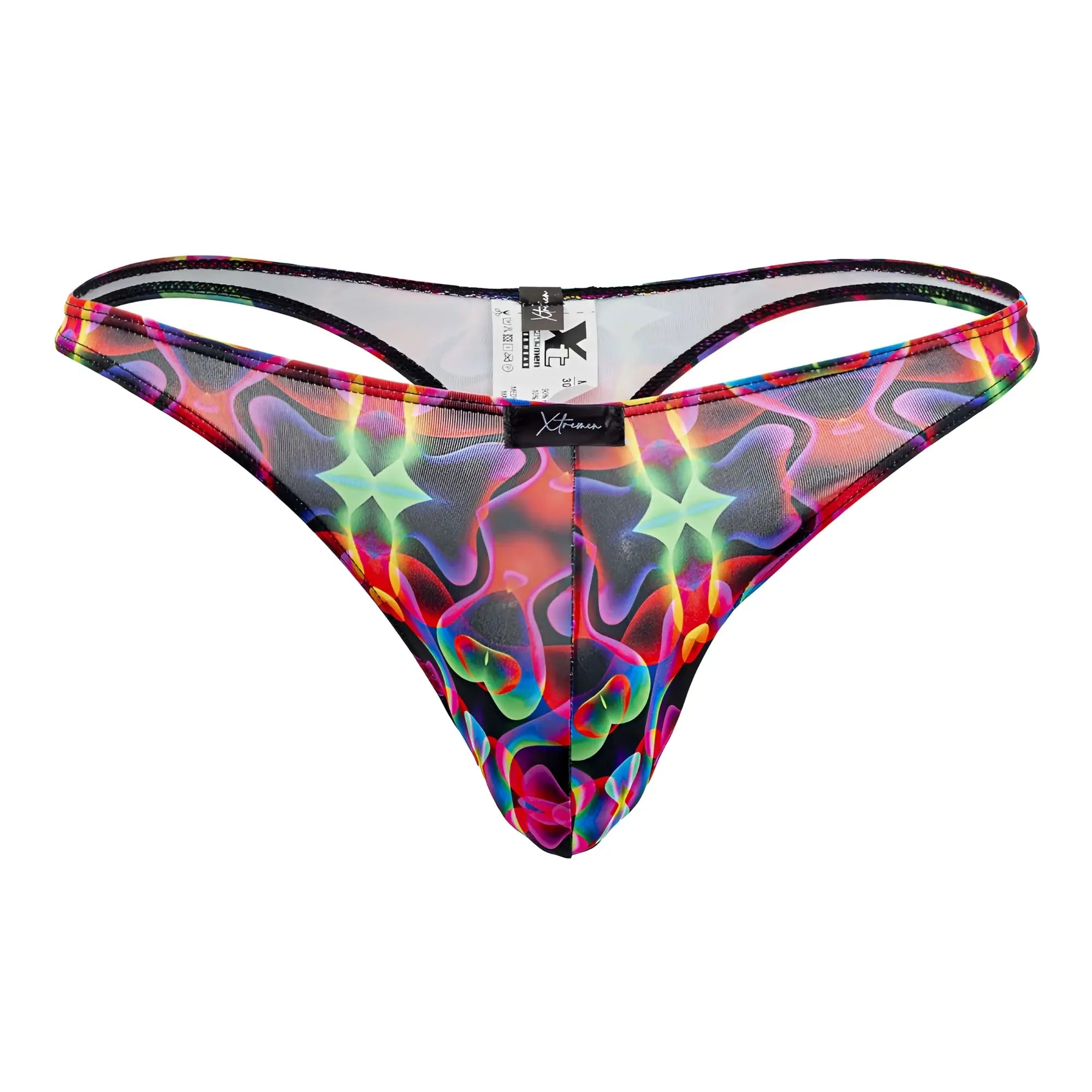 Xtremen 91171 printed thong featuring a vibrant rainbow holographic pattern with black trim and branded tag