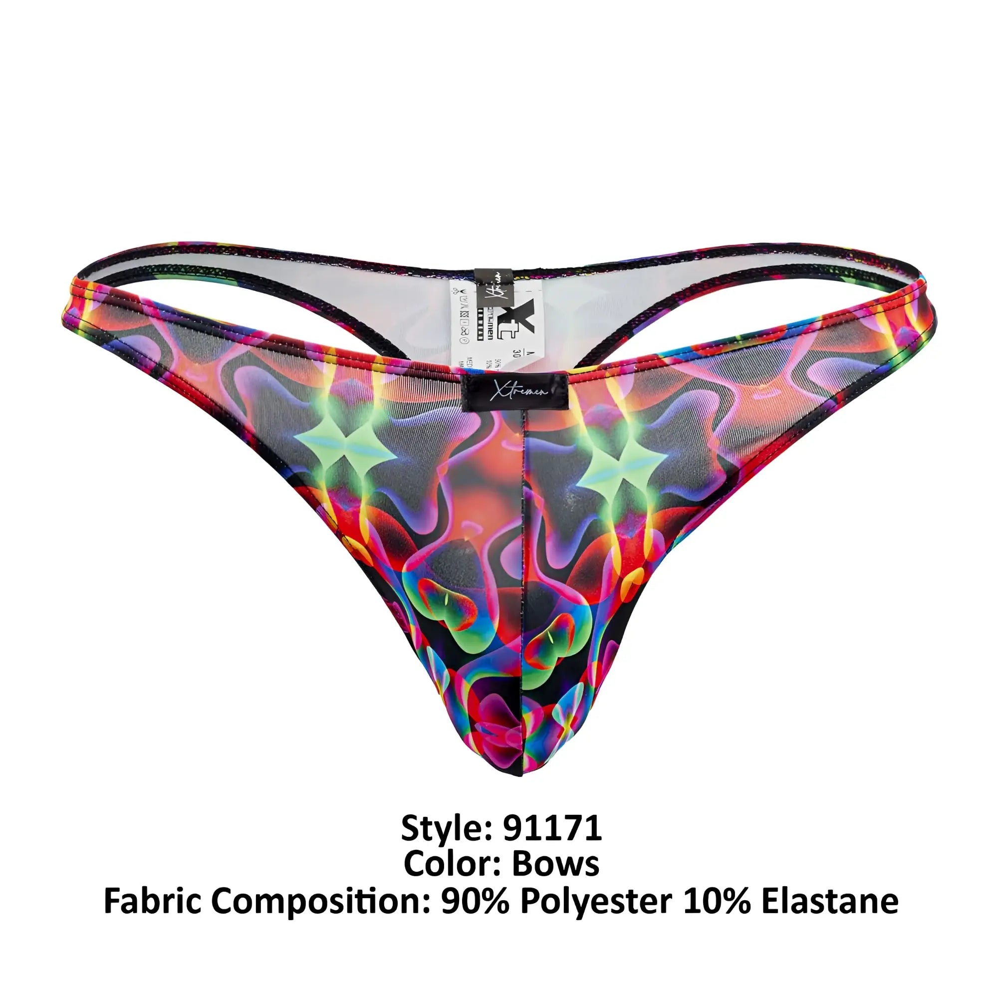 Vibrant rainbow patterned mesh thong with black trim and xtreme brand label from Xtremen 91171 printed thongs color bows