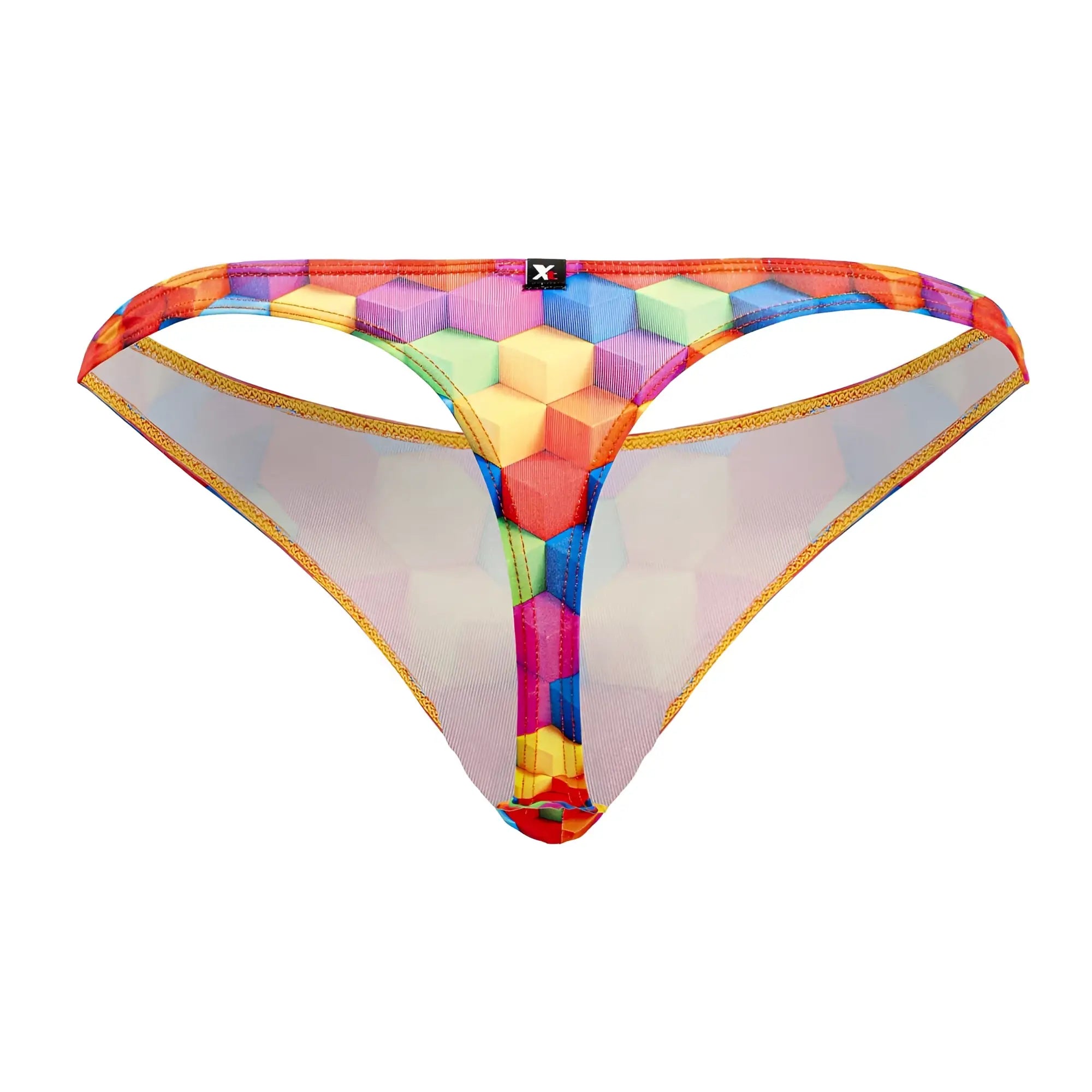 Xtremen 91171 printed thong with rainbow-colored geometric mesh and vibrant hexagon design with gold-trimmed edges