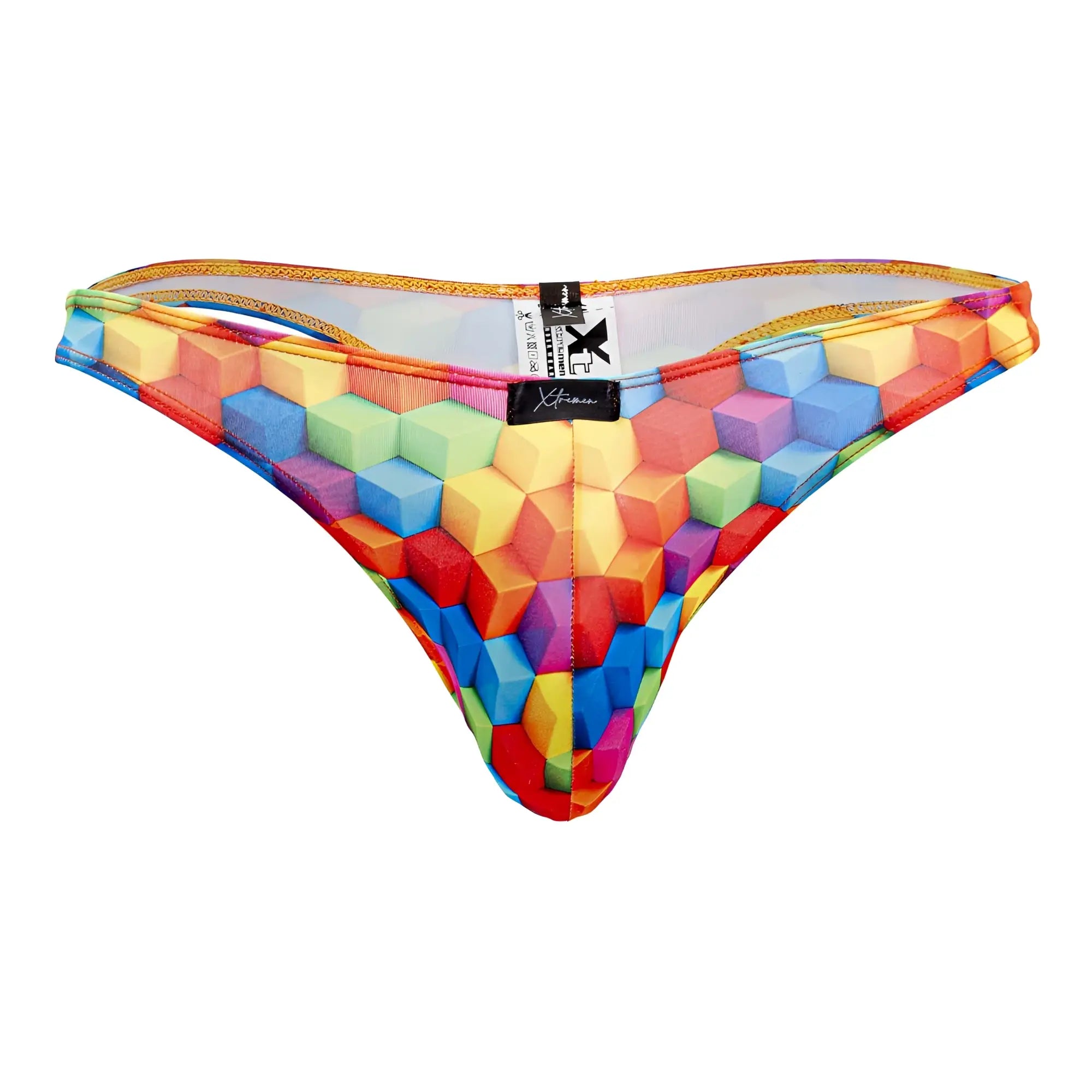 Xtremen 91171 printed thong with vibrant rainbow 3d geometric cube pattern, stretchy fabric, and orange-trimmed waistband