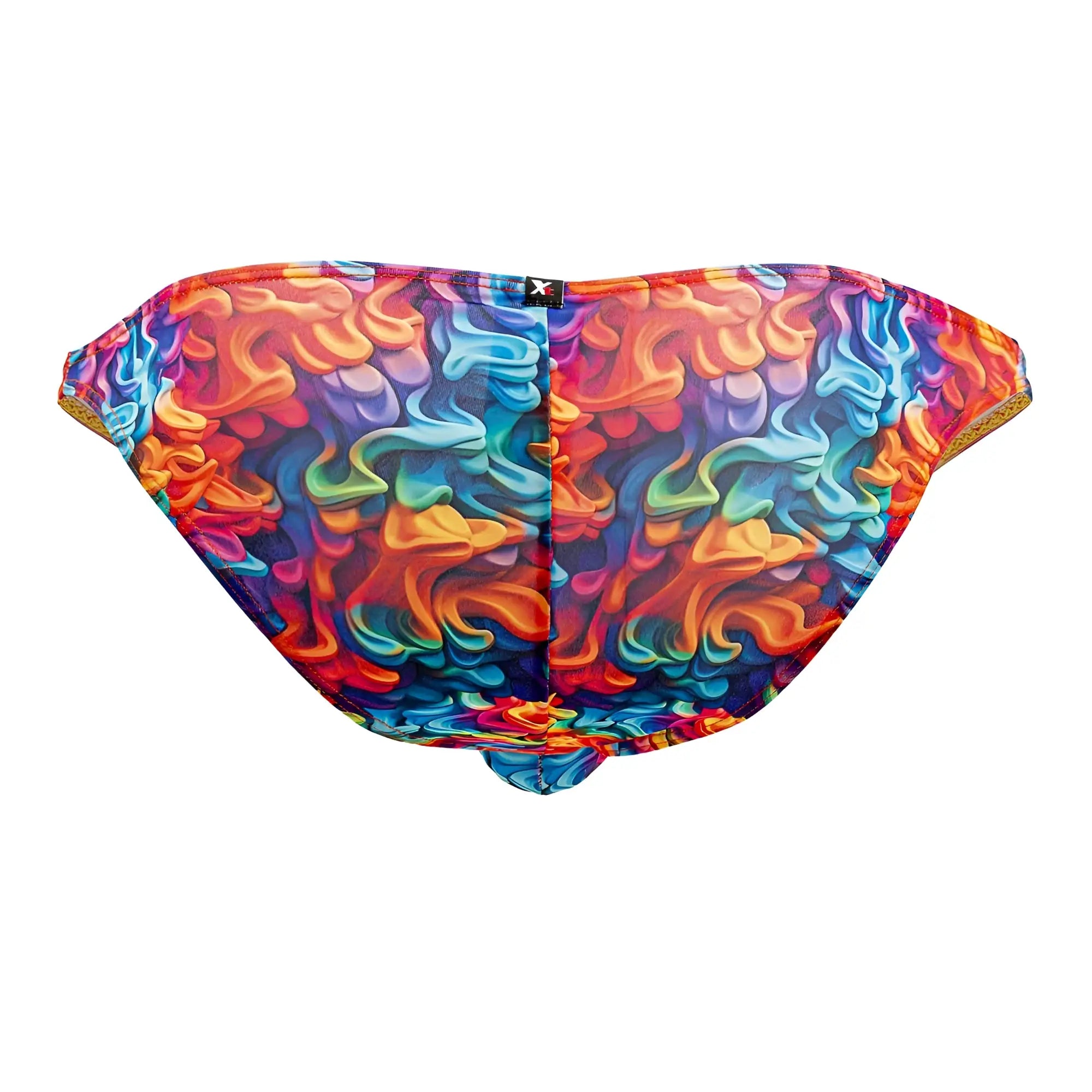 Xtremen 91172 printed bikini color fire swim briefs with vibrant multicolored swirl pattern and mesh-like fabric texture