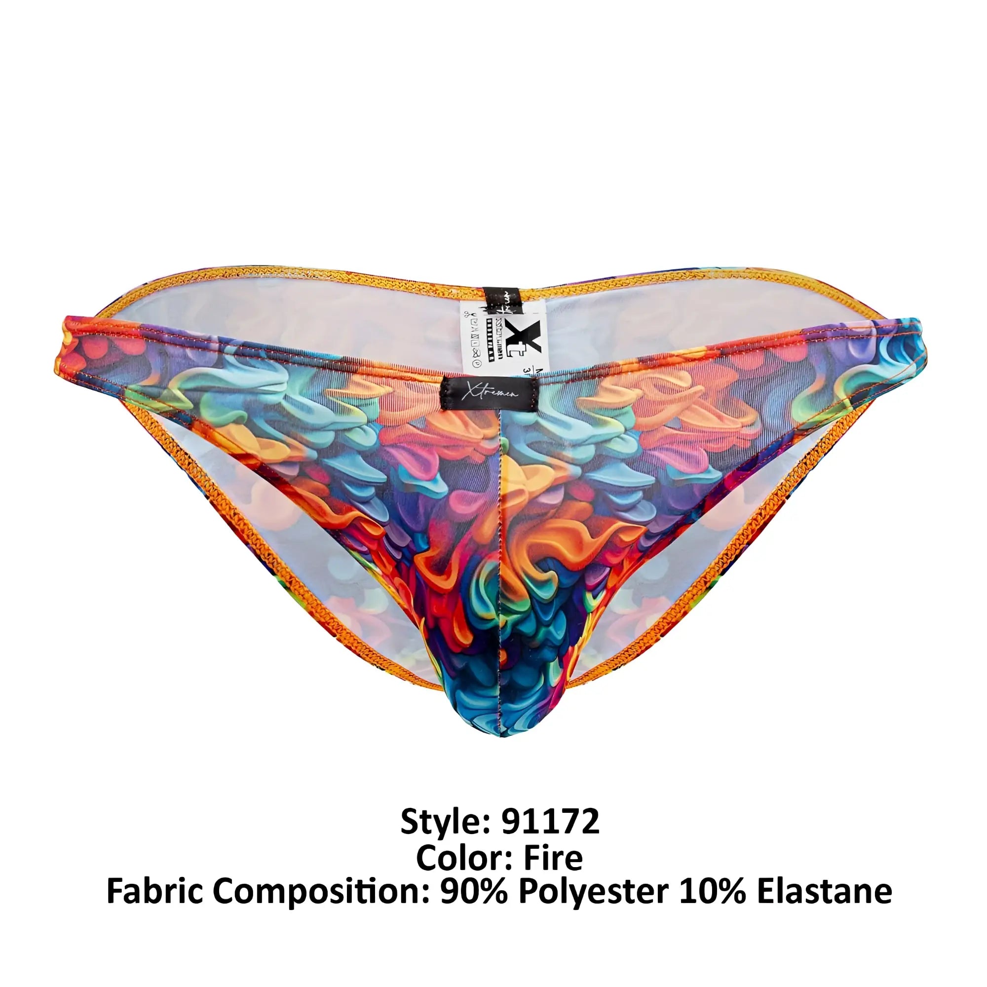 Xtremen 91172 printed bikini briefs with vibrant rainbow mesh and swirling abstract pattern with orange trim
