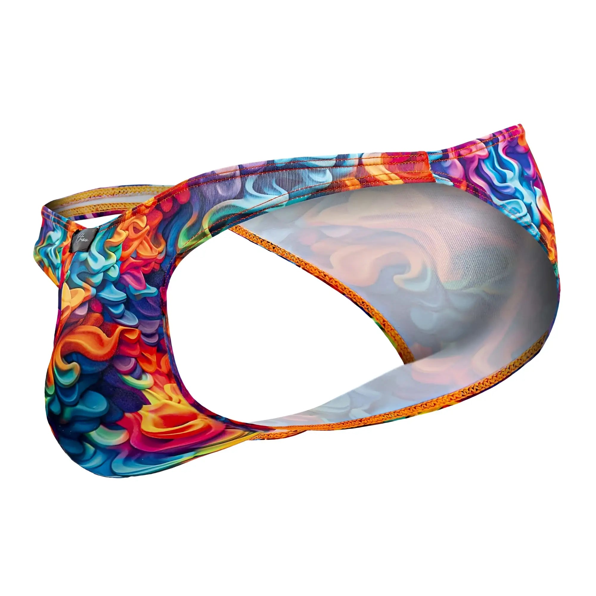 Xtremen 91172 printed bikini color fire vibrant rainbow-colored swim trunks with swirling abstract pattern and orange trim