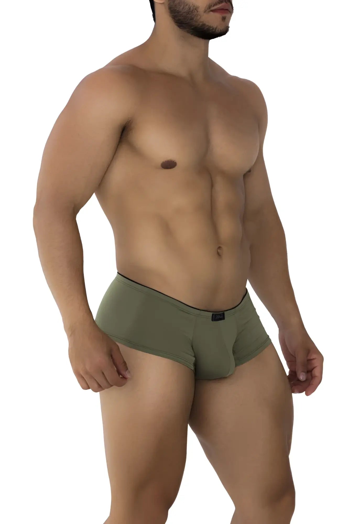 Olive green microfiber briefs with black elastic waistband and small black xtremen brand tag front view