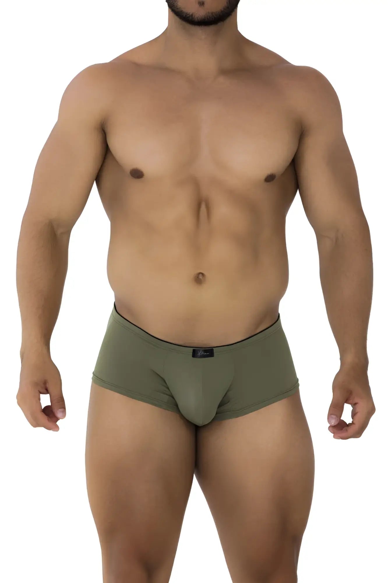 Olive green xtremen 91175 microfiber briefs with black trim and small logo on waistband showing front side
