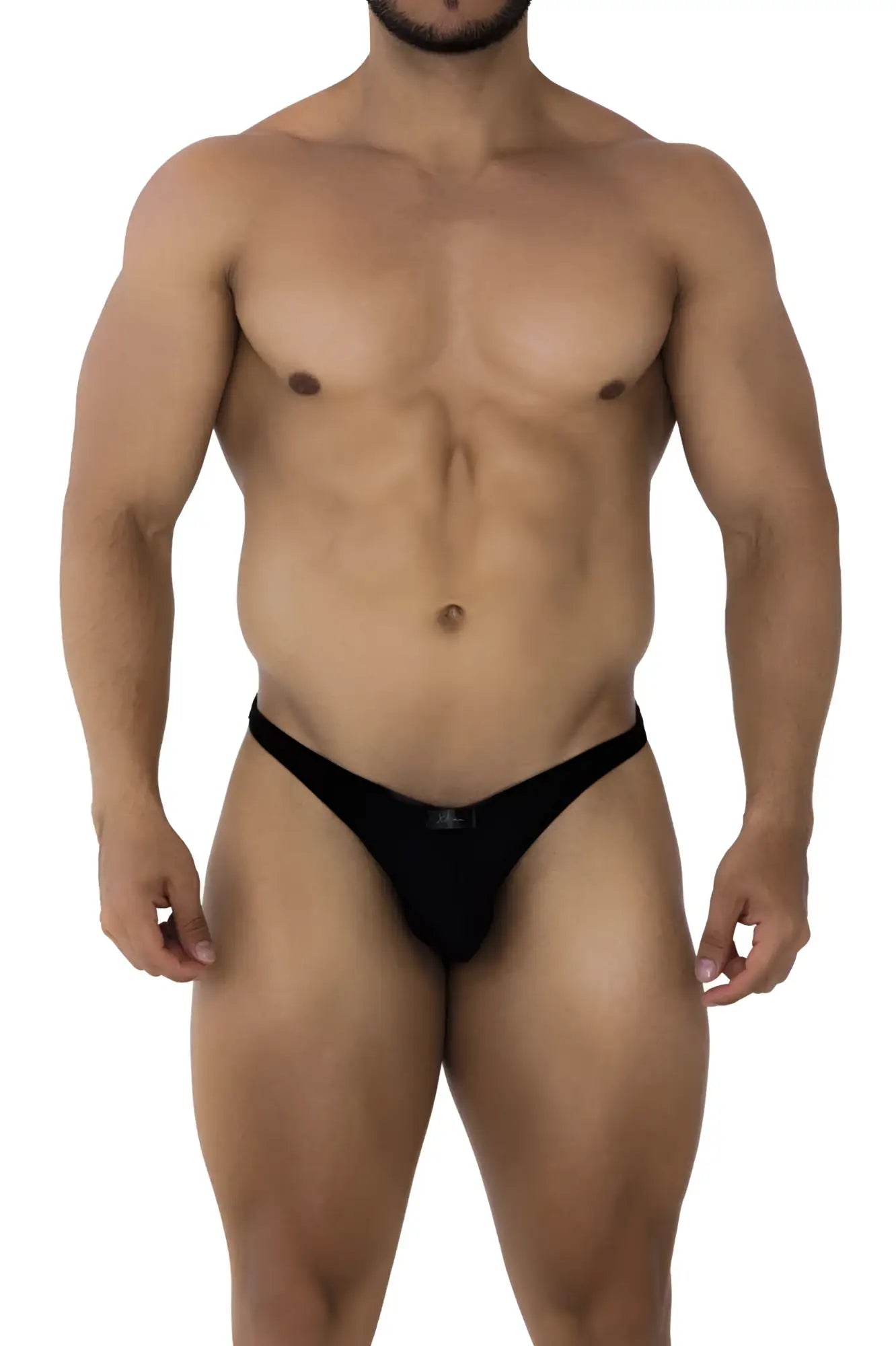 Black Xtremen 91177 microfiber bikini thong with sleek, form-fitting design and subtle brand logo at center front