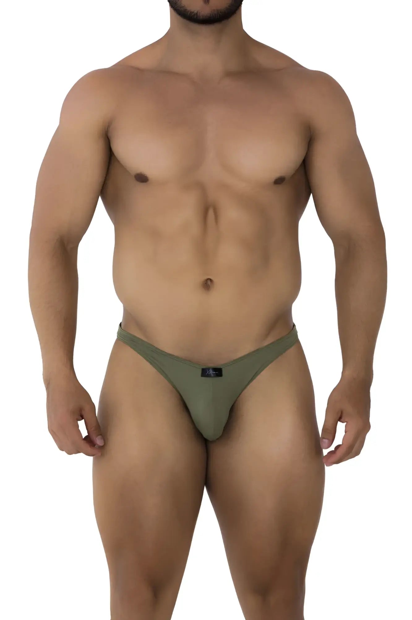 Olive green microfiber athletic briefs with a small black logo on the front from xtremen 91177 bikini collection