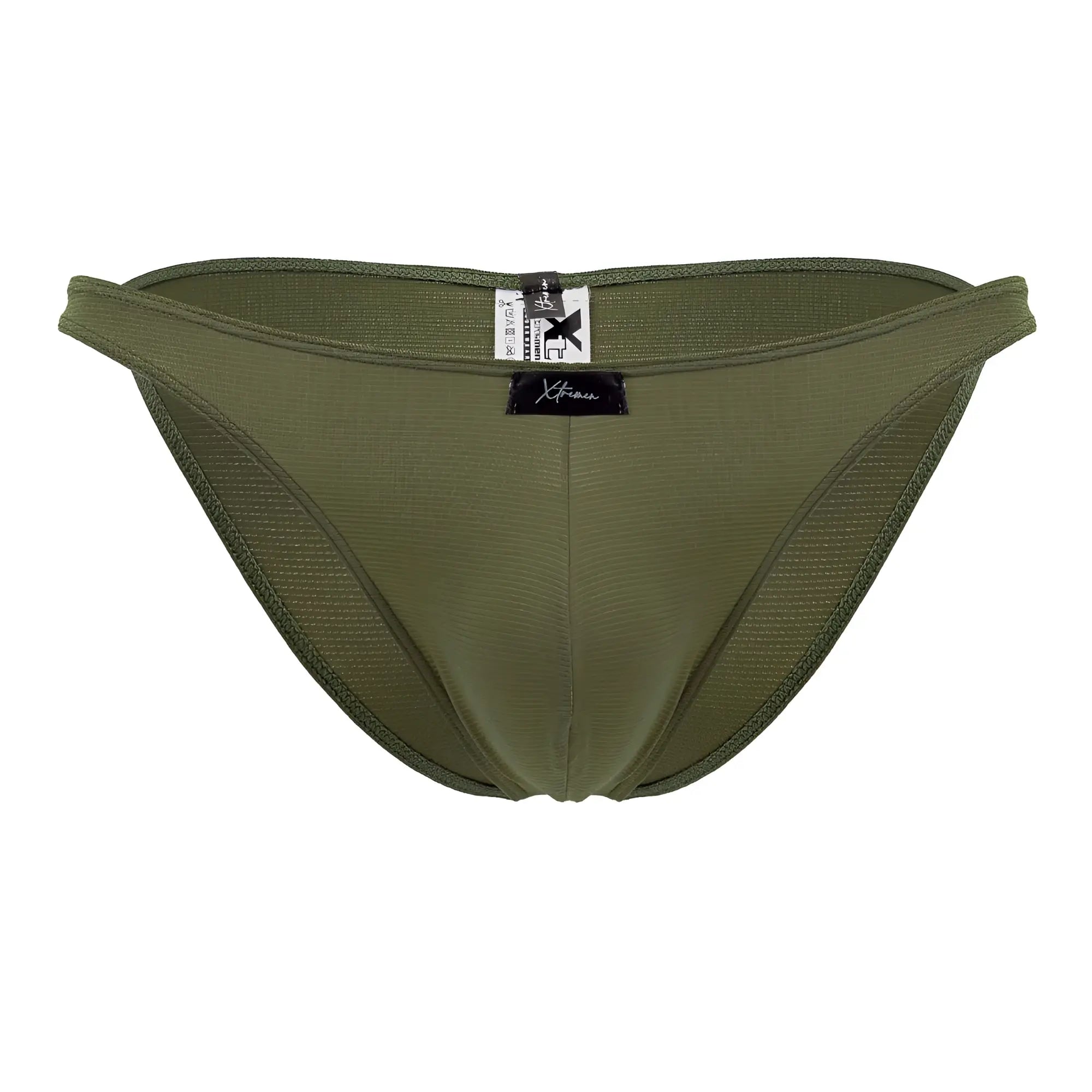Olive green microfiber bikini briefs with mesh fabric and black xtremen brand tag on waistband