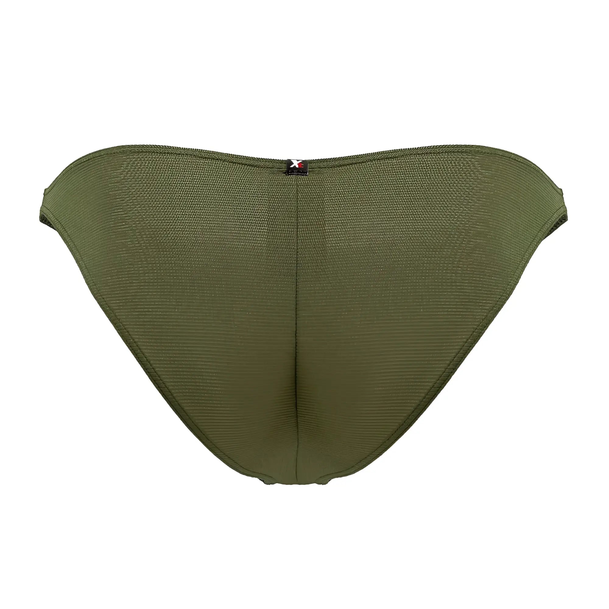 Xtremen 91177 microfiber bikini briefs in olive green with textured mesh fabric, central seam, and black logo tag at waistband