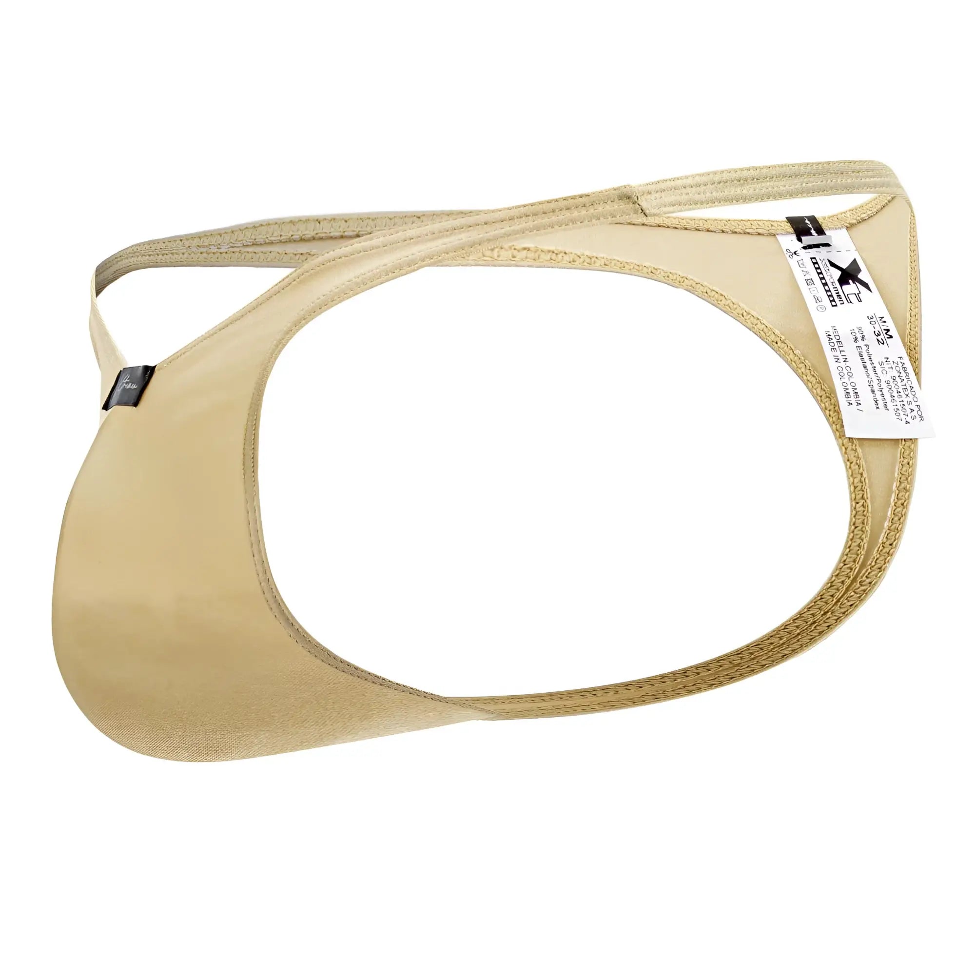 Beige Xtremen 91178 microfiber men’s thong with stretchy fabric reinforced stitching and a branded tag visible