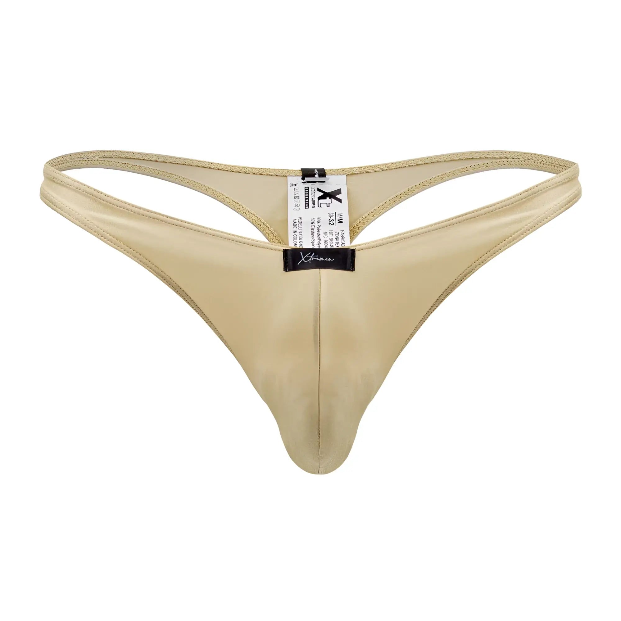 Beige satin microfiber thong with black xtremen brand tag and size label in gold color