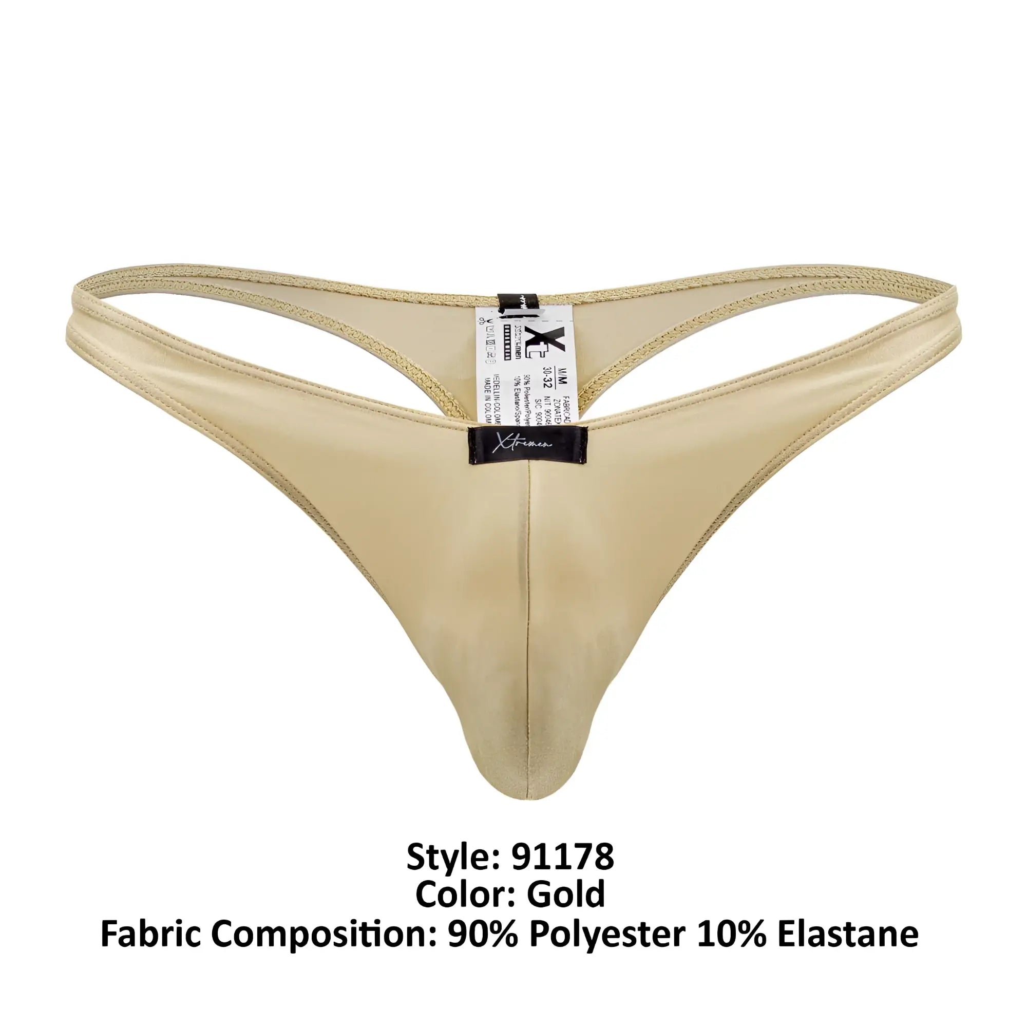 Gold-colored xtremen 91178 microfiber thong with shiny fabric, sleek design, and thin straps visible from the back side