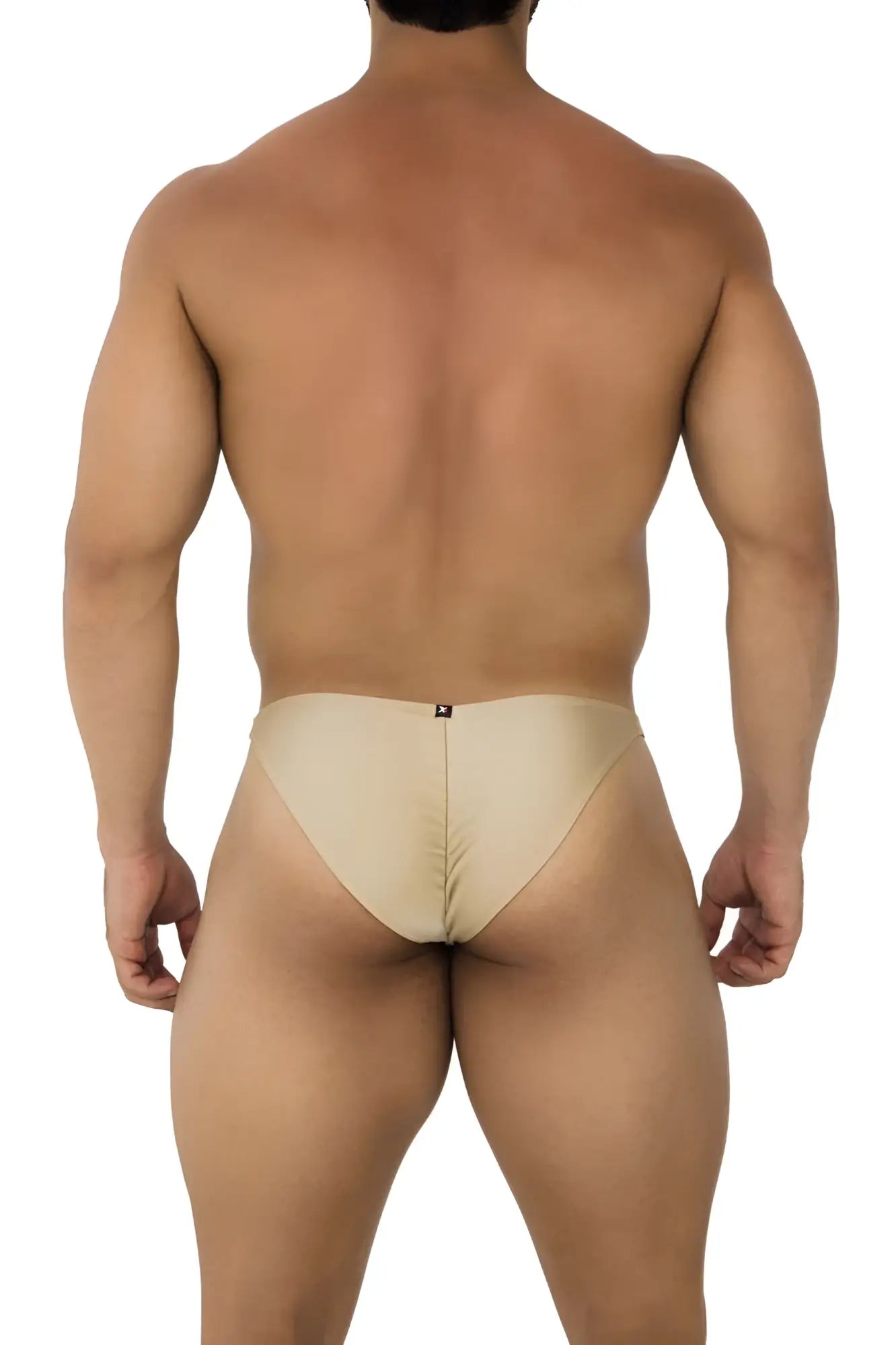 Back view of xtremen 91179 microfiber bikini briefs in gold beige with central seam and black logo on waistband