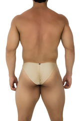 Back view of xtremen 91179 microfiber bikini briefs in gold beige with central seam and black logo on waistband