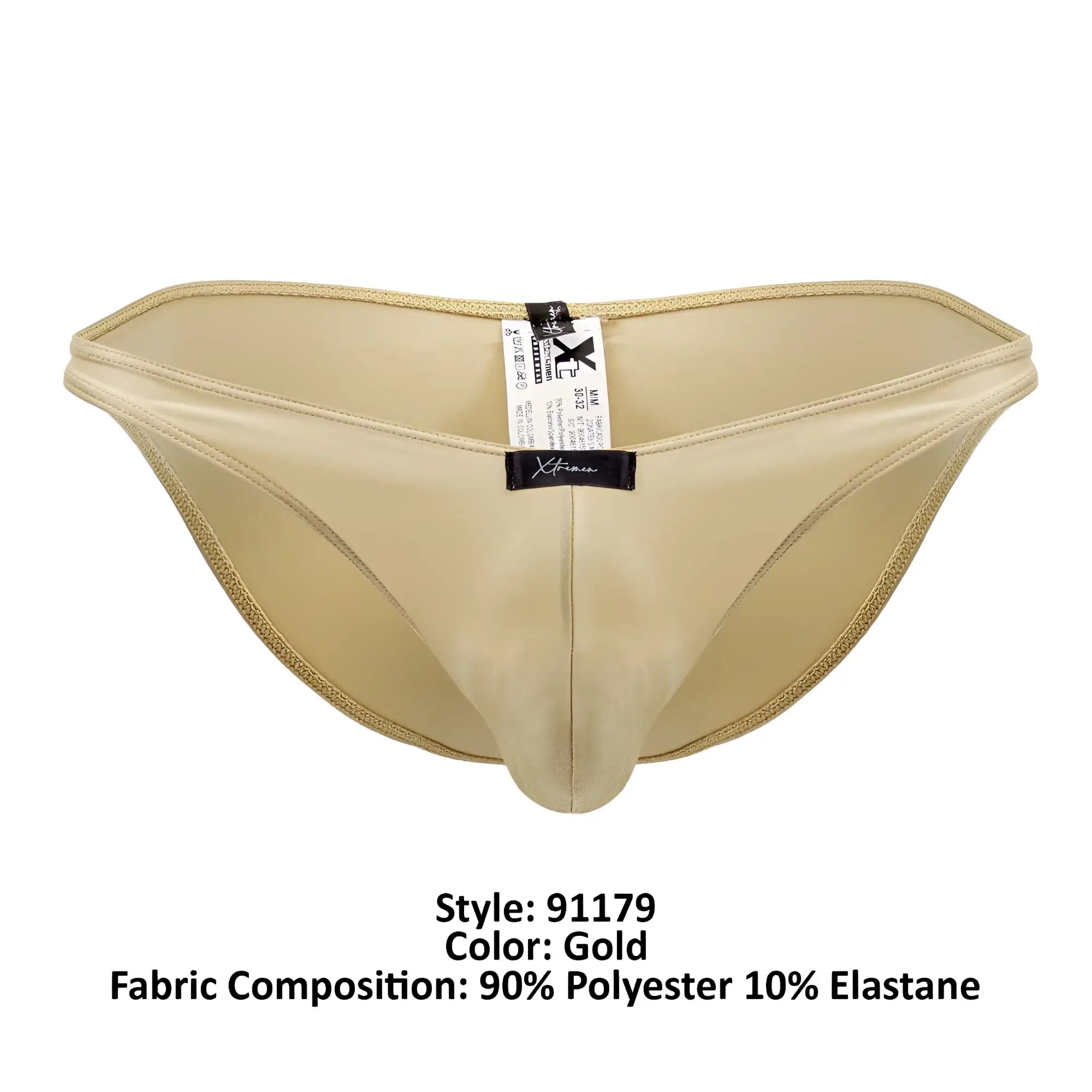 Gold-colored xtremen 91179 microfiber bikini briefs made from smooth 90 polyester 10 elastane blend with matching trim