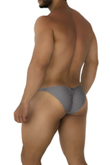 Back view of gray microfiber form-fitting xtremen 91179 bikini swim trunks with subtle seam detail in silver color