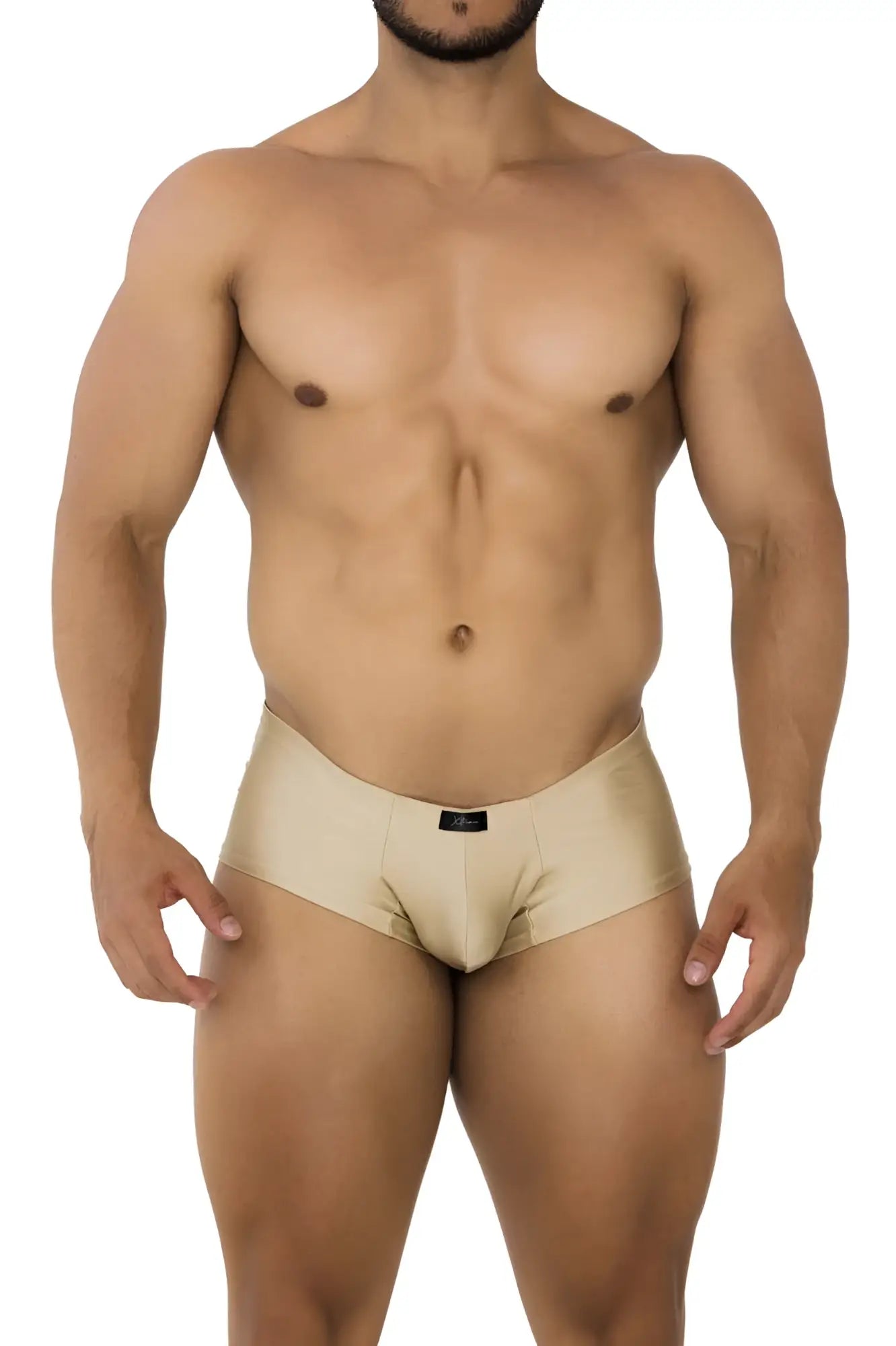 Beige satin Xtremen 91180 microfiber trunks with sleek smooth texture and small black brand tag at waistband