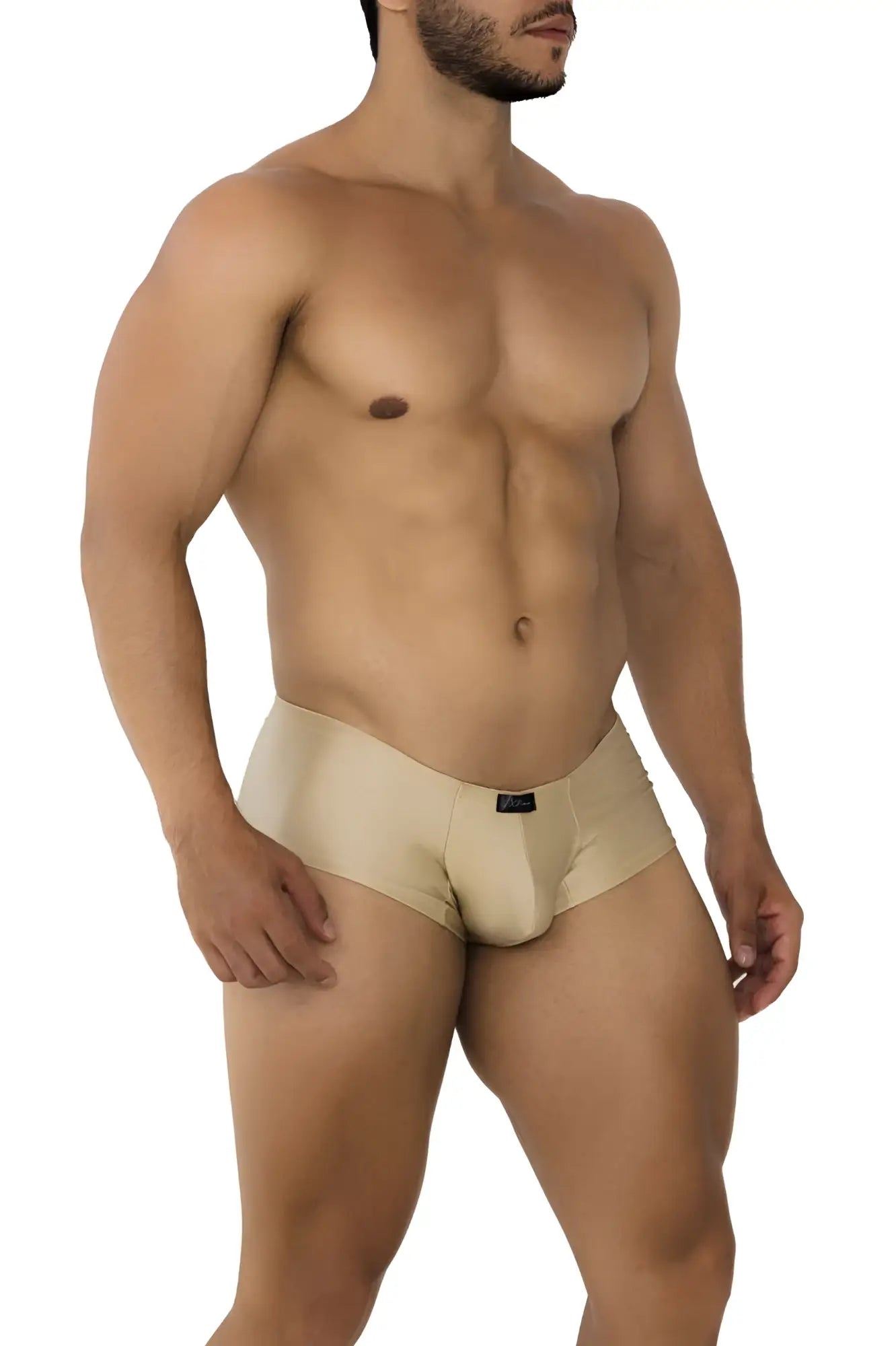 Beige xtremen 91180 microfiber stretch briefs with a subtle brand tag at the waistband in gold color
