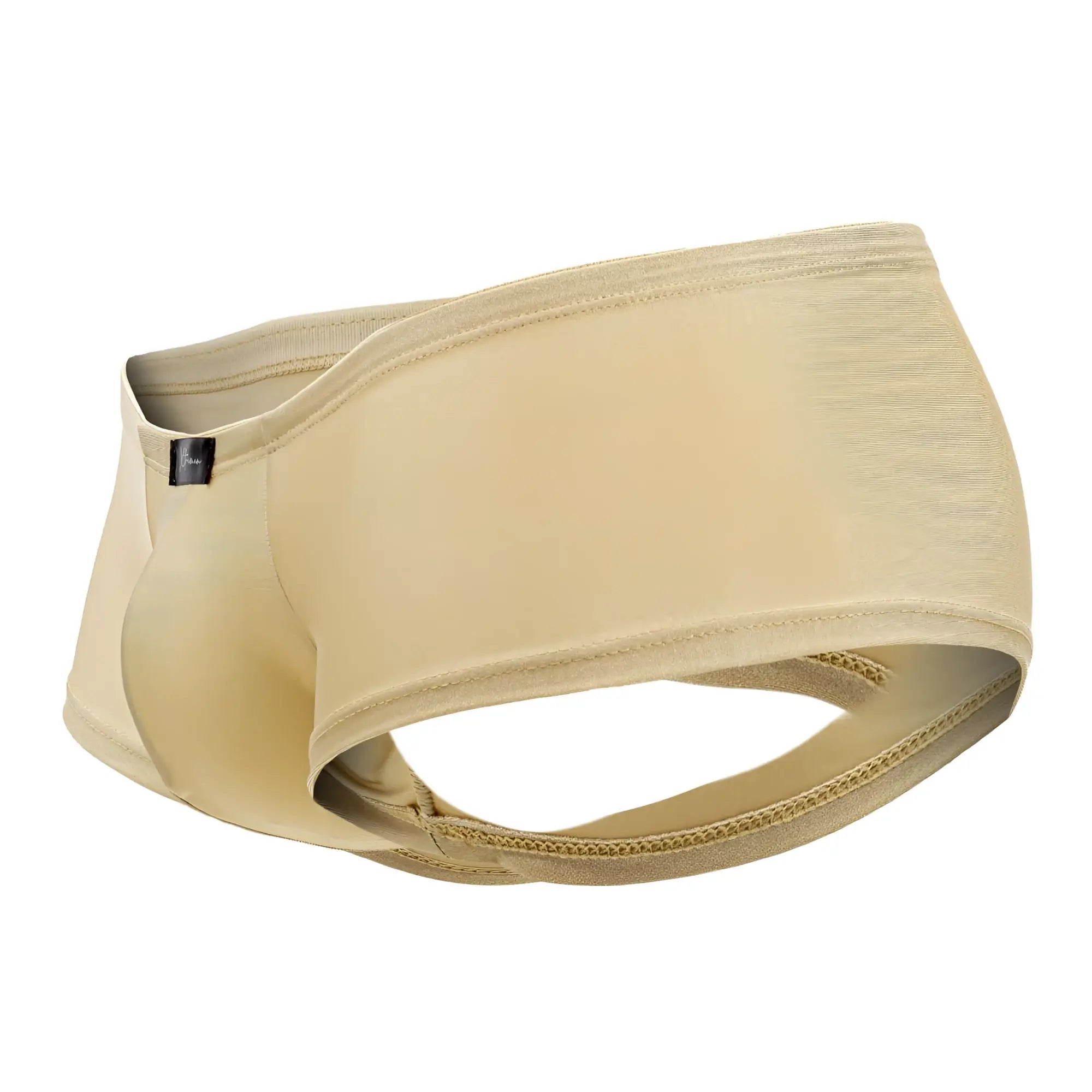 Beige stretchy microfiber men’s underwear xtremen 91180 trunks with contoured design and zipper closure in gold color