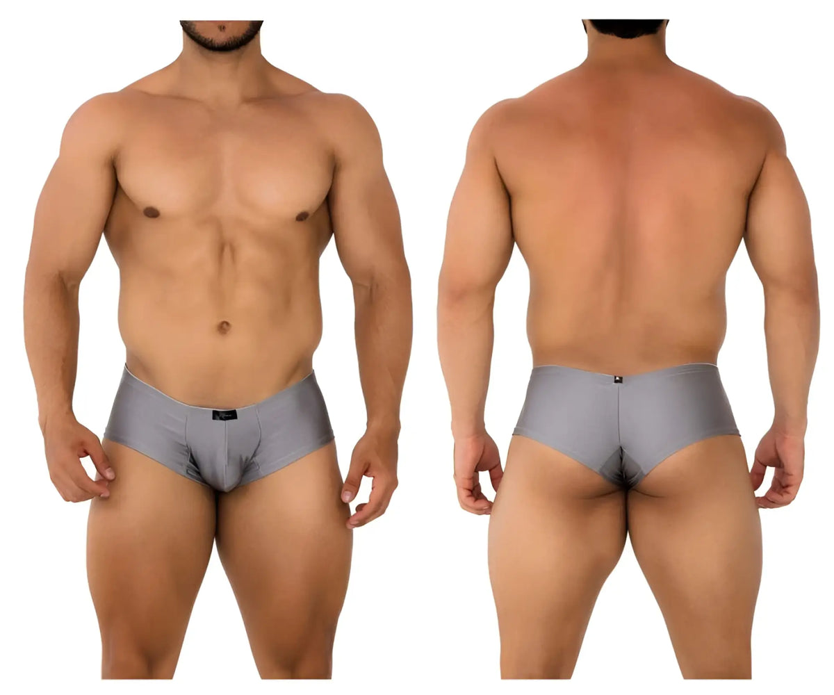 Gray xtremen 91180 microfiber trunks with smooth form fitting fabric and black brand tag at waistband in silver color