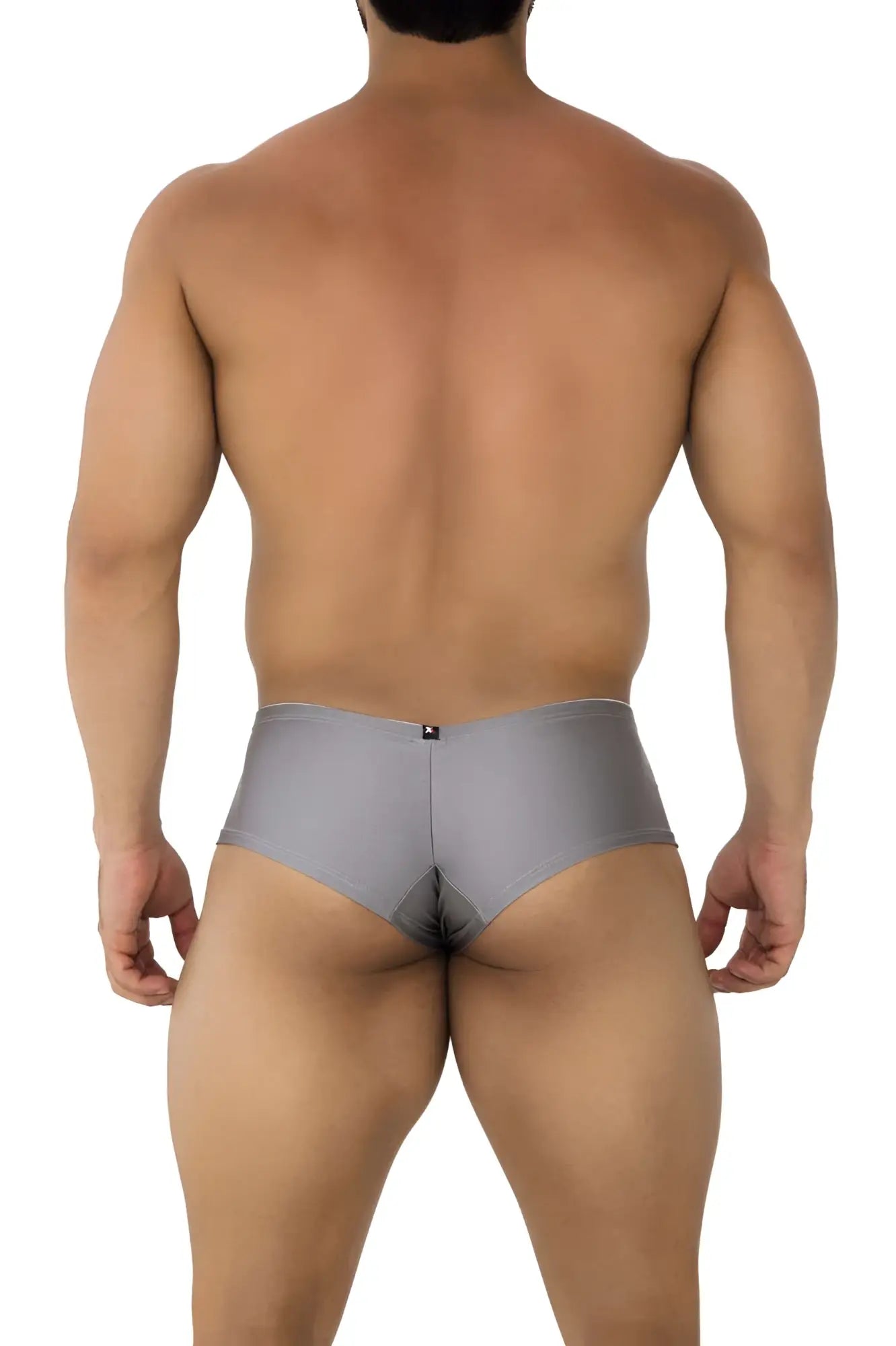 Gray form-fitting Xtremen 91180 microfiber trunks with subtle sheen and small black logo on waistband in silver color