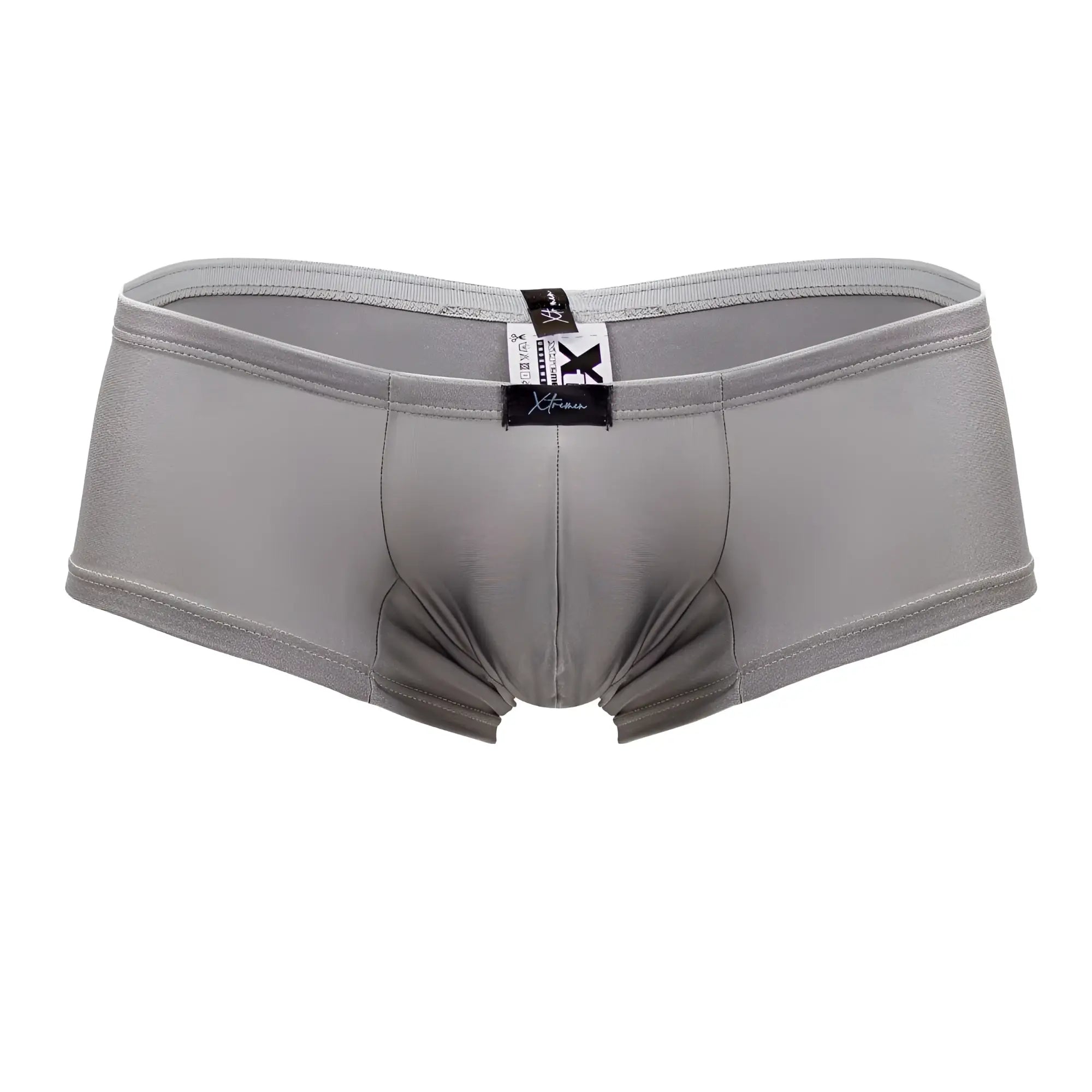 Gray xtra men’s briefs in silver microfiber with smooth stretchy fabric and branded tag at the waistband