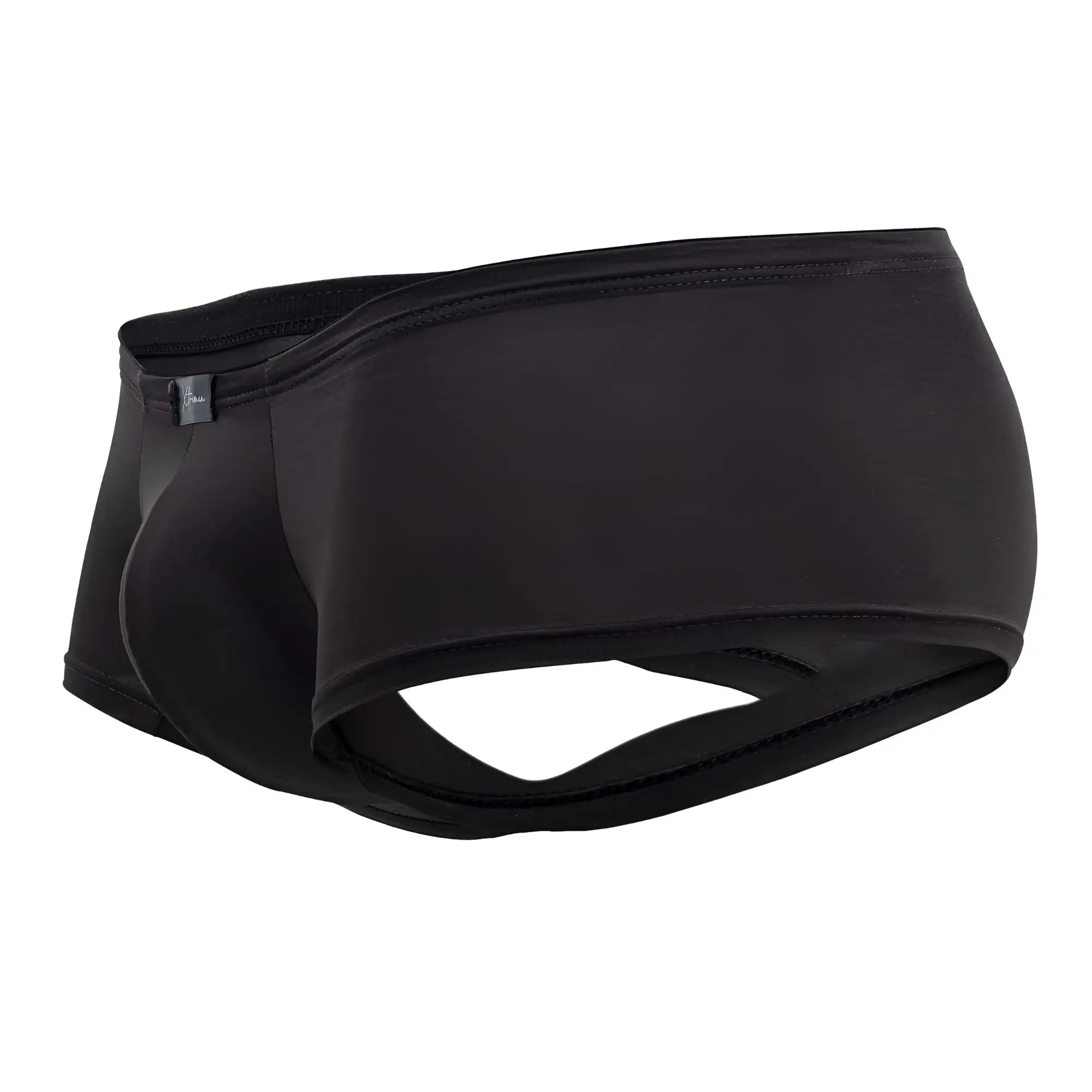 Back view of xtremen 91181 black microfiber men’s swim trunks with a sleek fit and distinctive cutout design