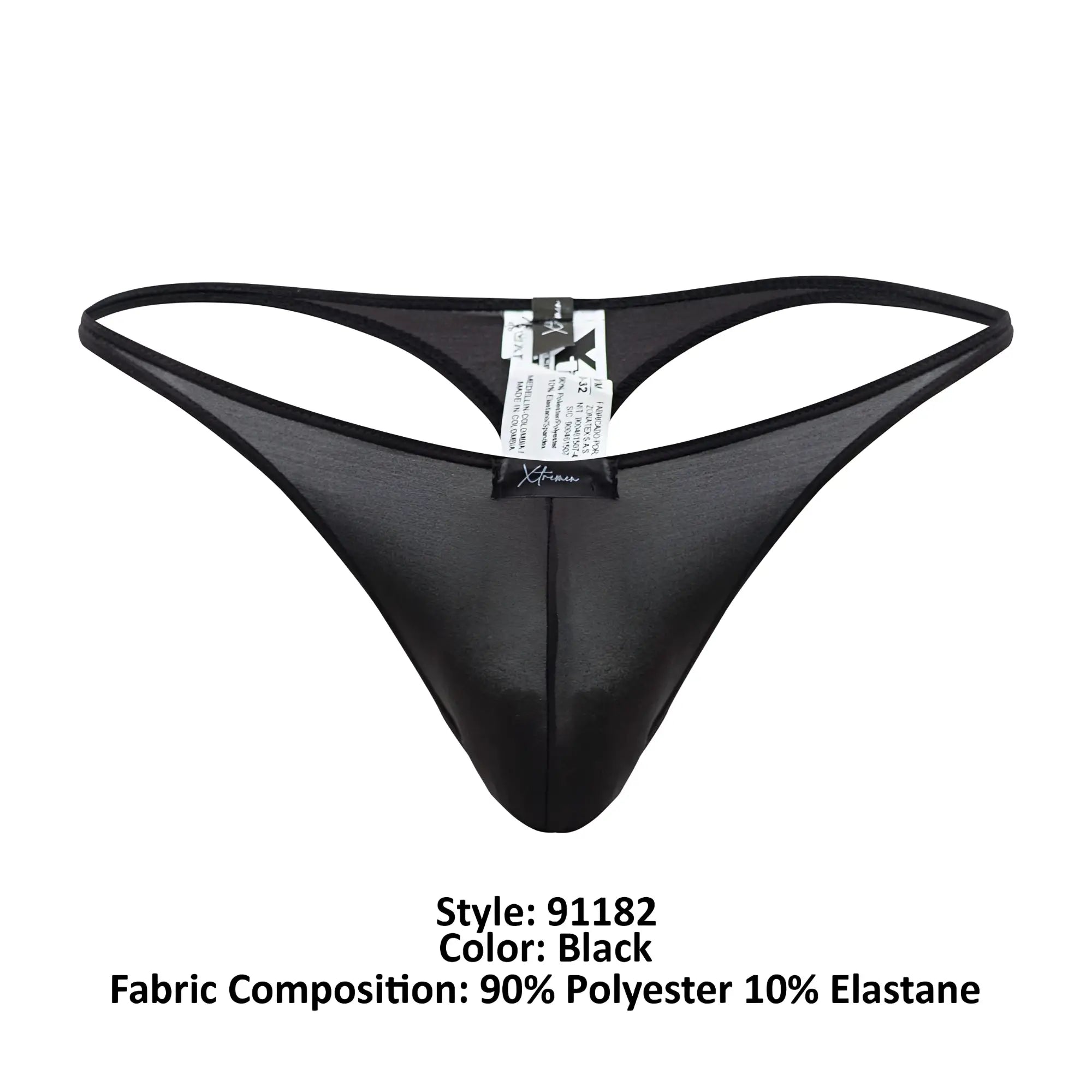 Black xtremen 91182 microfiber thong with sheer glossy finish and thin elastic waistband shown from the back side