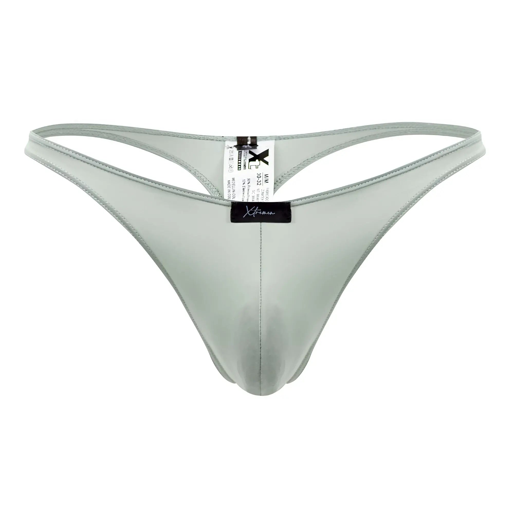 A sleek light gray microfiber thong with minimalist glossy design and subtle stitching from Xtremen 91182 collection