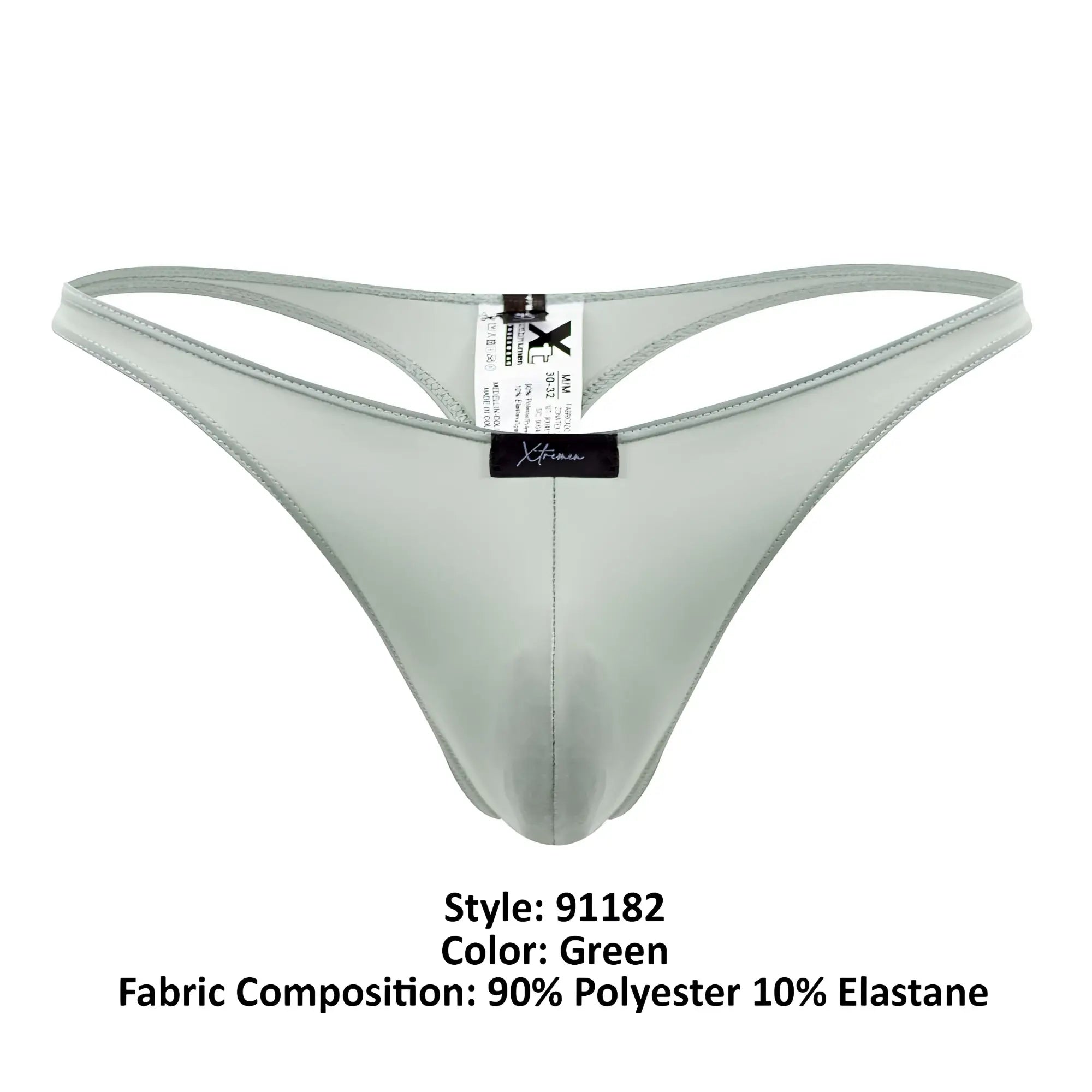 Green xtremen 91182 microfiber thong made of smooth shiny polyester and elastane blend shown from the back side