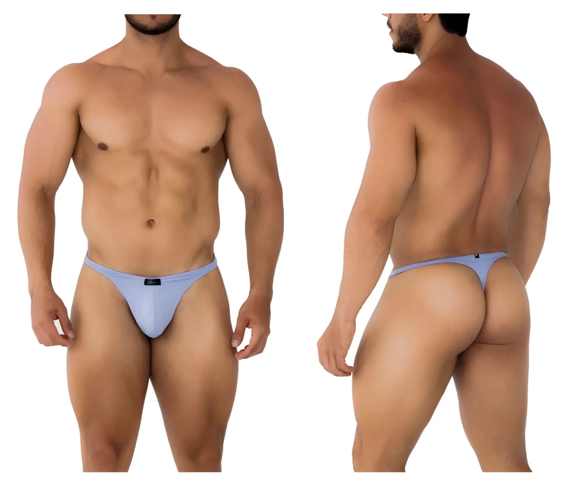 Light blue form-fitting microfiber thong with smooth fabric and small black Xtremen brand tag on the back side