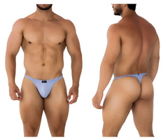 Light blue form-fitting microfiber thong with smooth fabric and small black Xtremen brand tag on the back side