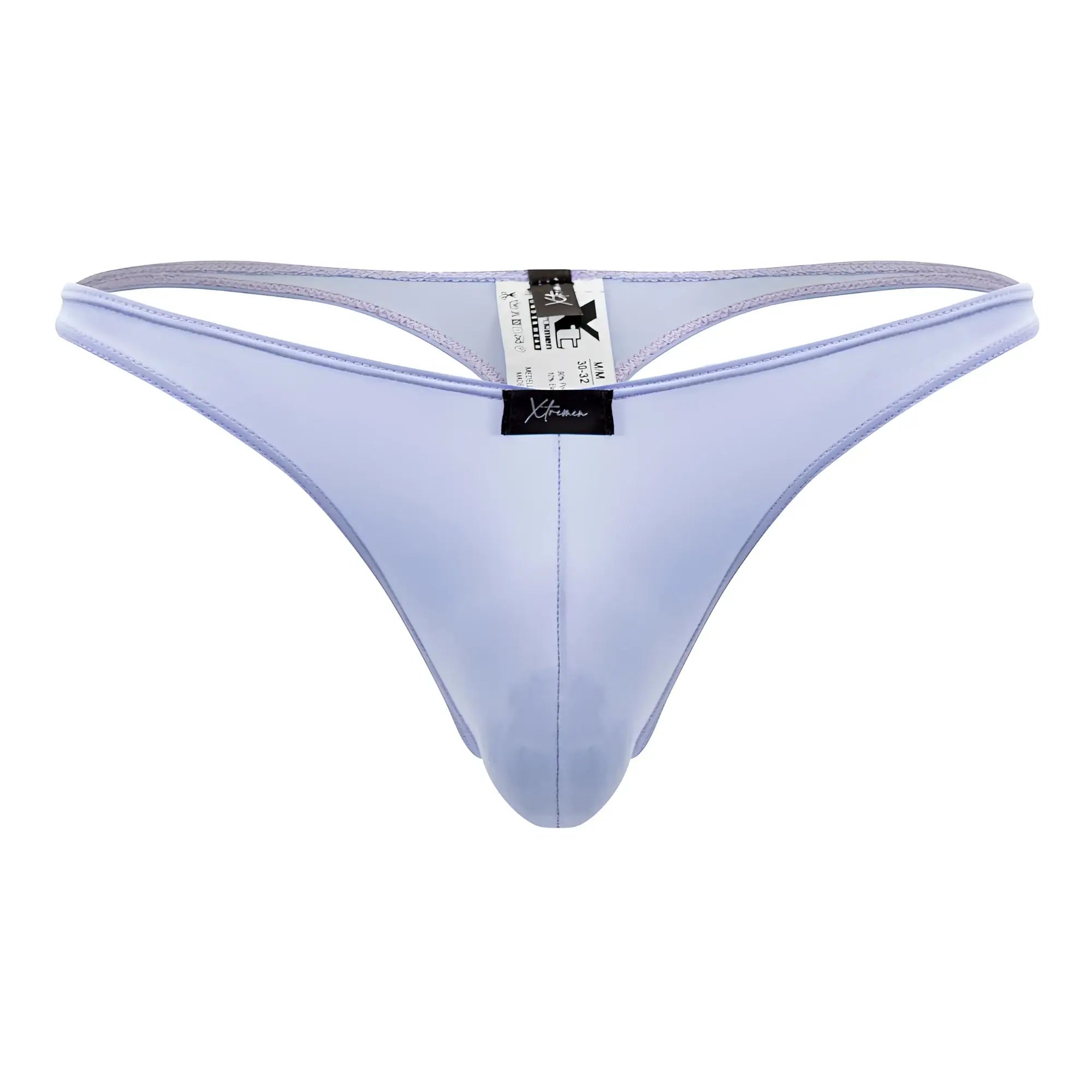 Light purple glossy satin microfiber thong with black Xtremen brand tag at the center