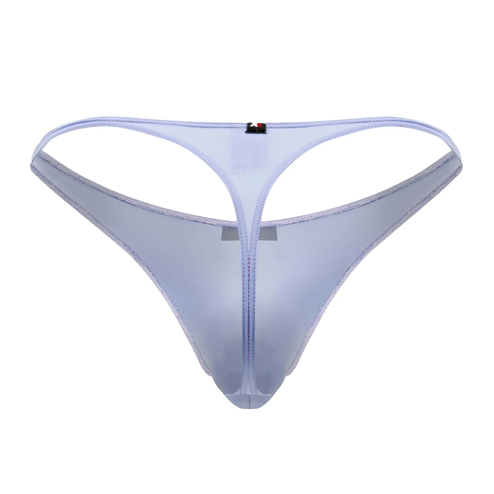 Transparent lavender microfiber thong with sheer mesh material, central zipper, and stitched edges by Xtremen 91182