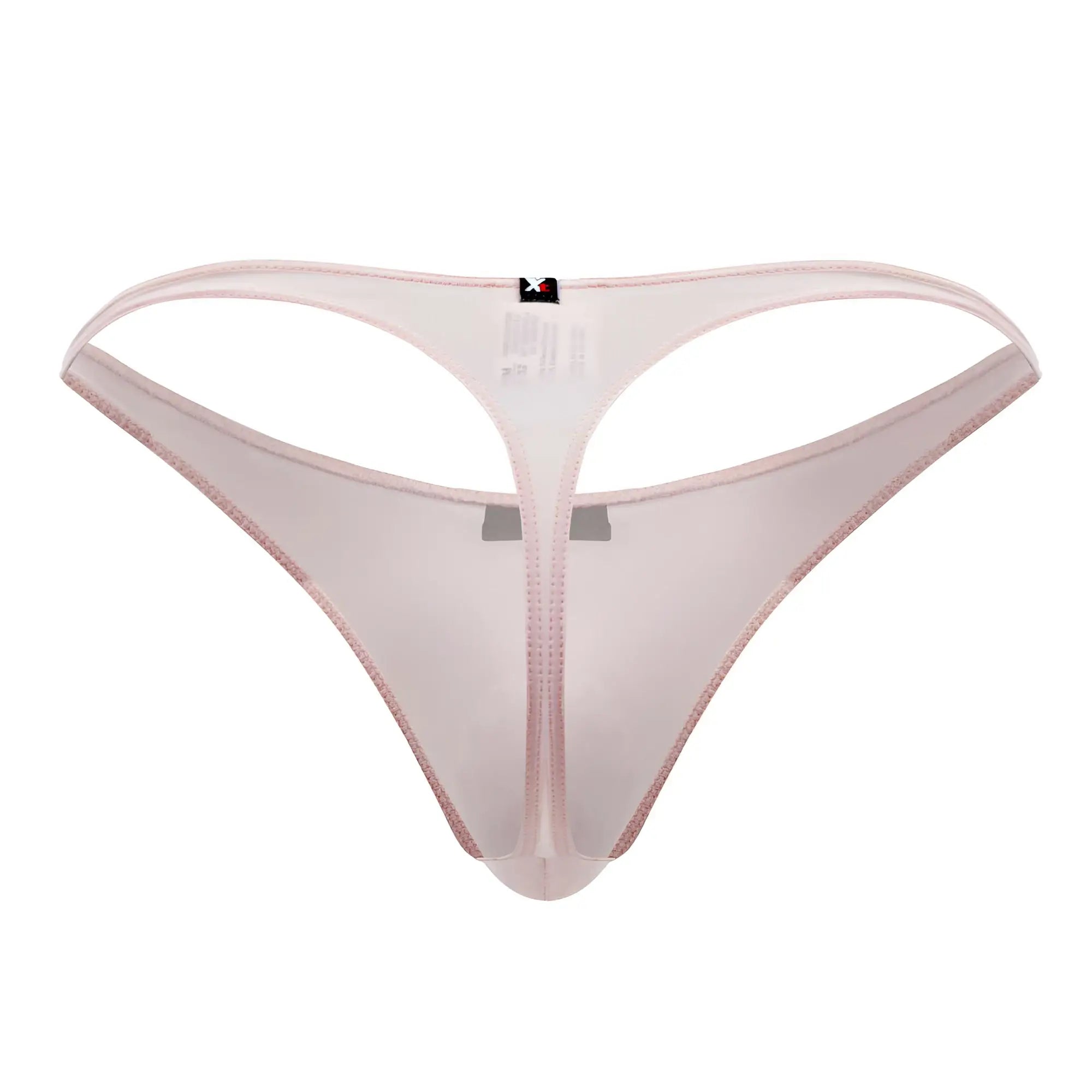 Xtremen 91182 pink microfiber thong with sheer translucent mesh and subtle glittery trim along the edges