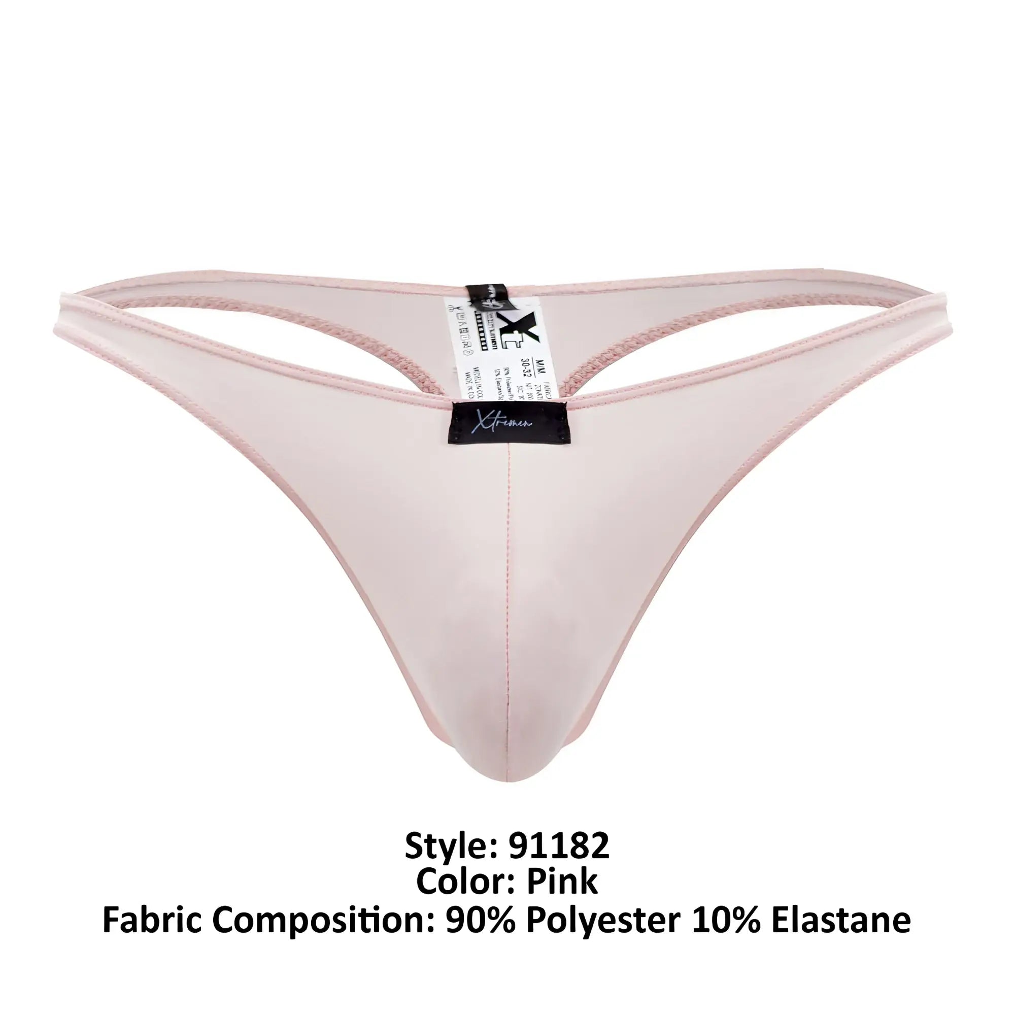 Pink xtremen 91182 microfiber thong made of 90% polyester 10% elastane with sheer fabric and pink trim along edges