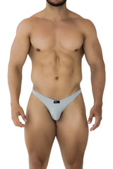 Light gray microfiber thong with a small black brand tag by Xtremen 91183 in a smooth, form-fitting bikini style